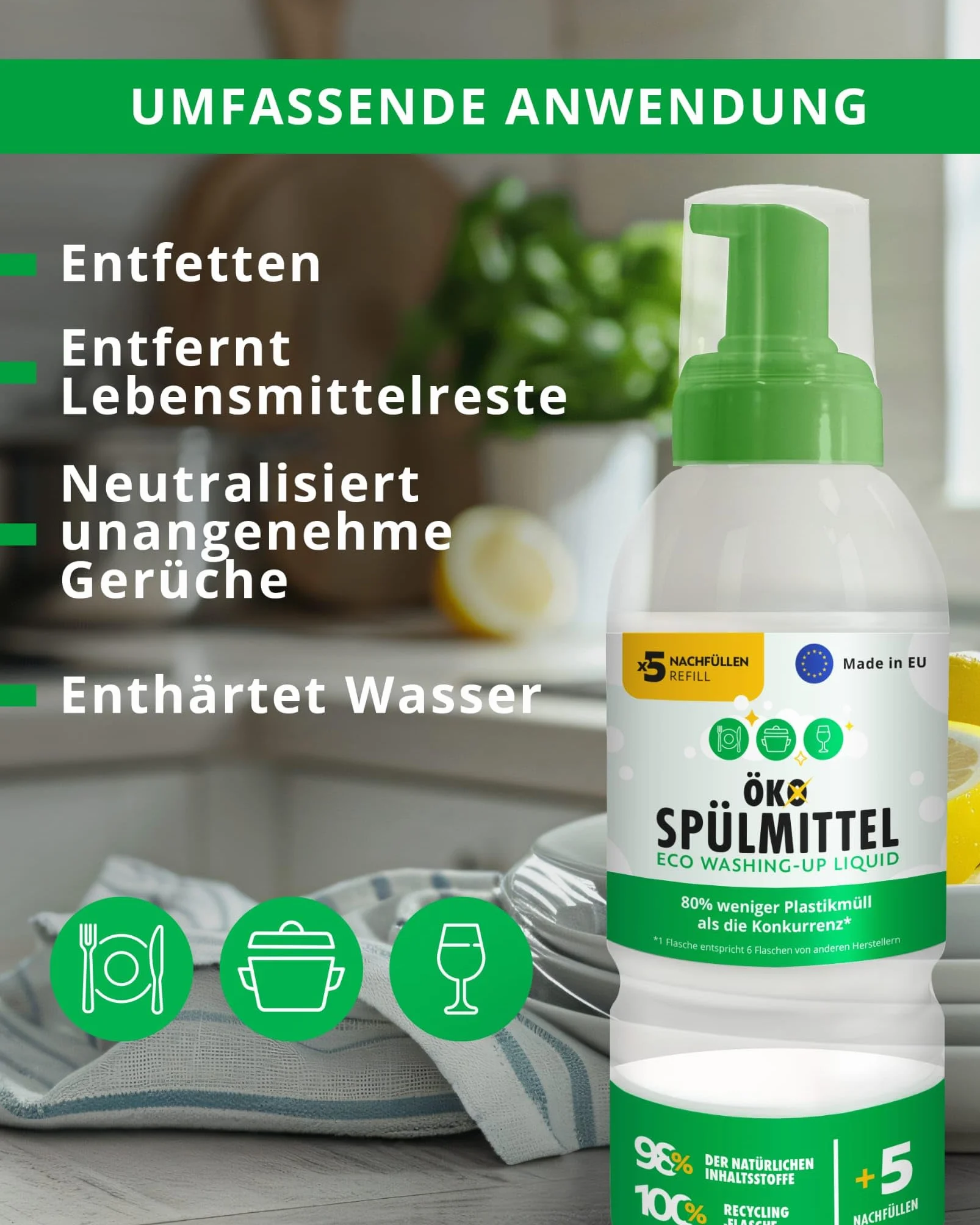 Eko Płyn do Mycia Naczyń 500 ml z 5 tabletkami uzupełniającymi (odpowiednik 6 x 500 ml), pianka do mycia naczyń, Ekologiczny płyn do ręcznego mycia naczyń, butelka 500 ml z 5 wkładami