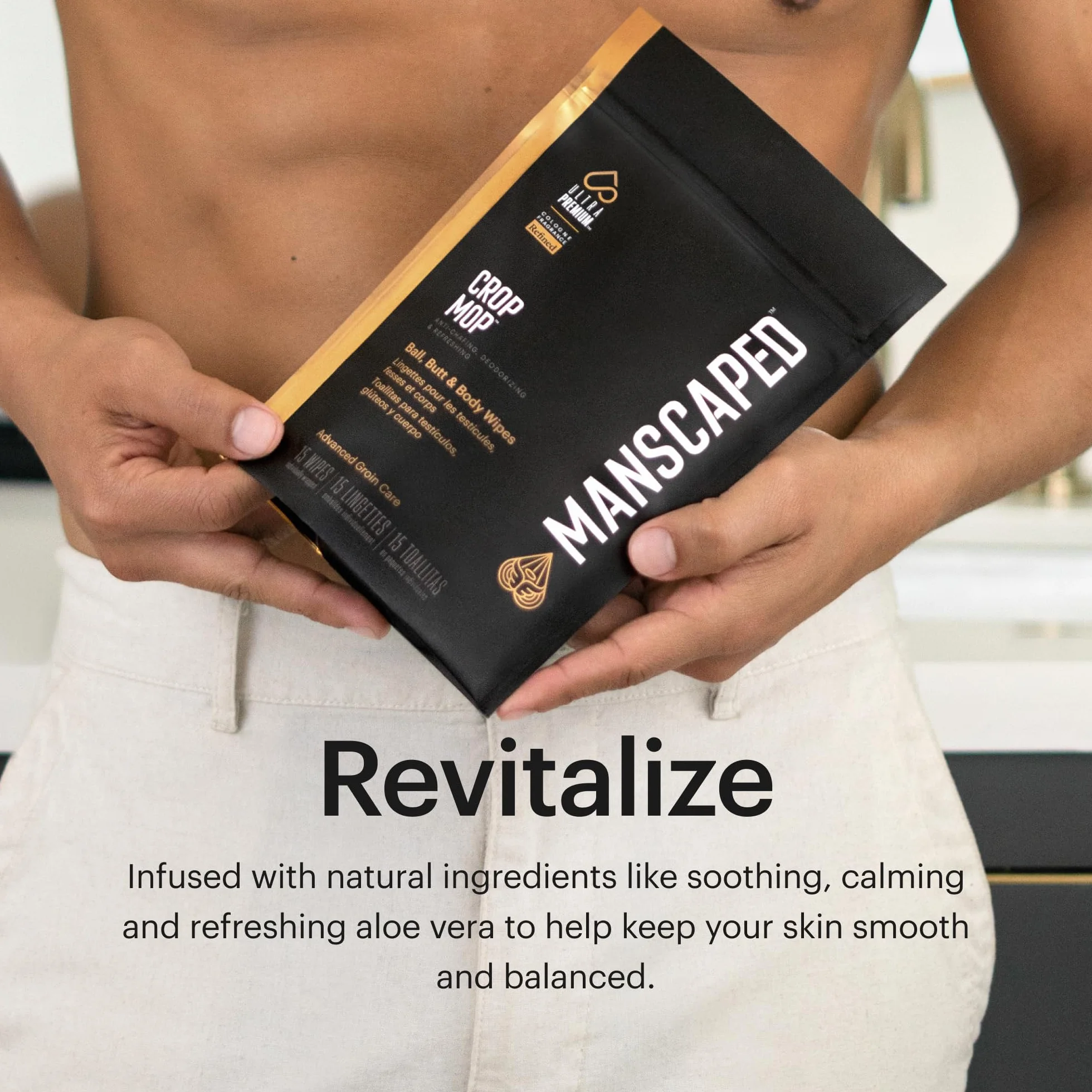 MANSCAPED® Crop Mop® On-The-Go Indywidualnie pakowane chusteczki w kulkach, chusteczki czyszczące zapobiegające otarciom do męskiej okolicy pachwiny z odświeżającym i chłodzącym aloesem, 15 szt.