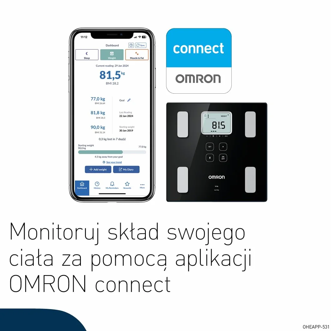 Waga OMRON VIVA Bluetooth Smart monitor składu ciała z pomiarem tkanki tłuszczowej, masy mięśni szkieletowych i BMI