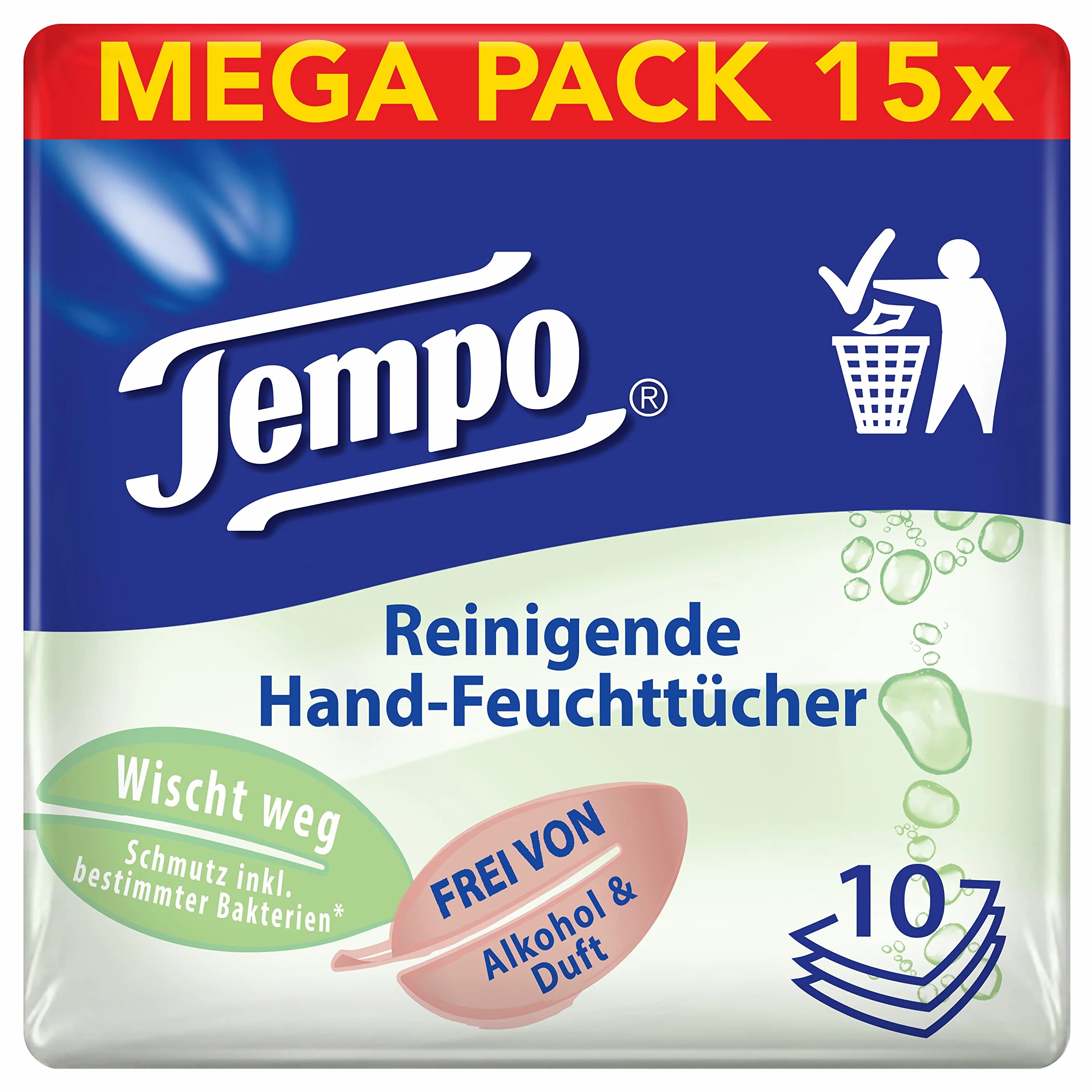 Tempo Mokre chusteczki czyszczące 150 sztuk, bez perfum i alkoholu, testowane dermatologicznie