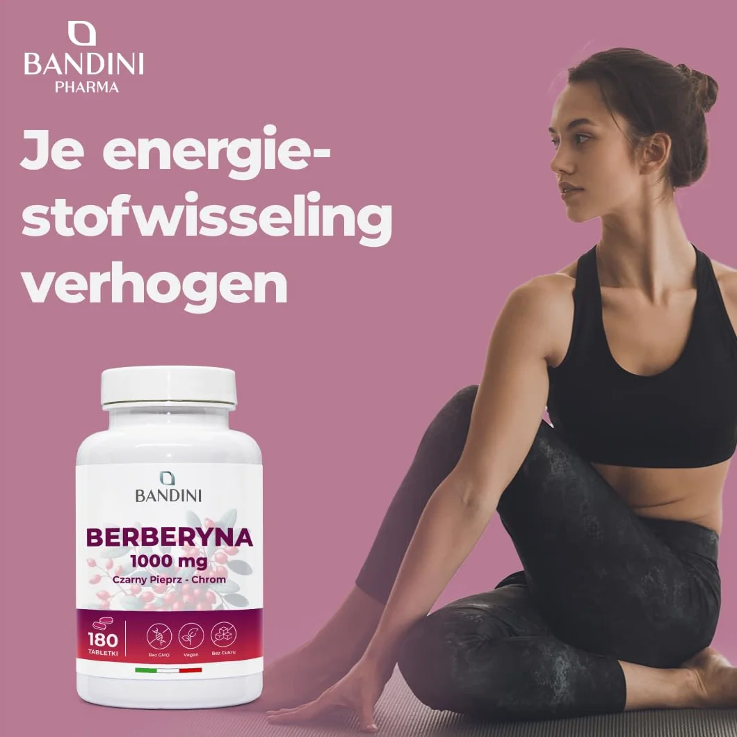 Bandini Berberine 1000mg 180 wegańskich tabletek Berberyna HCl Chrom Czarny Pieprz