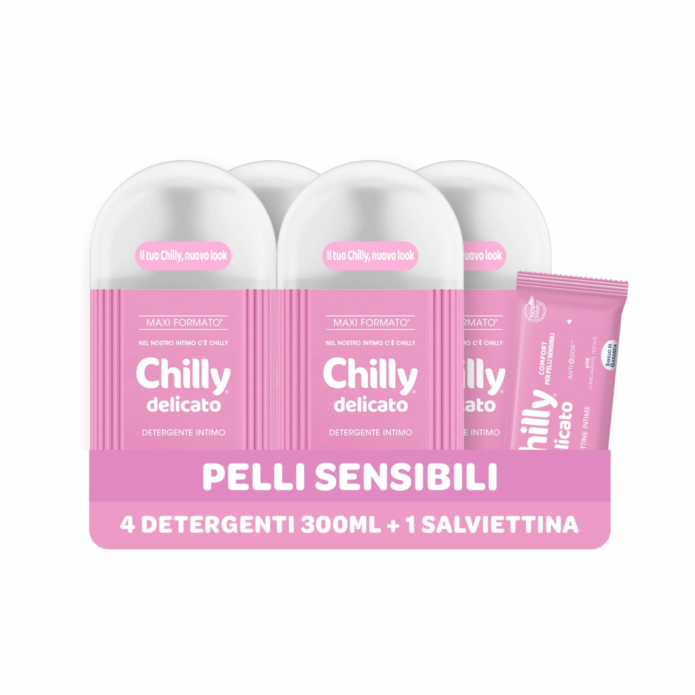 Chilly, Delikatny środek do czyszczenia bielizny, środek do higieny intymnej z cząsteczką przeciwzapachową - łagodna i kojąca formuła - PH 5, testowany klinicznie, 4 butelki 300 ml