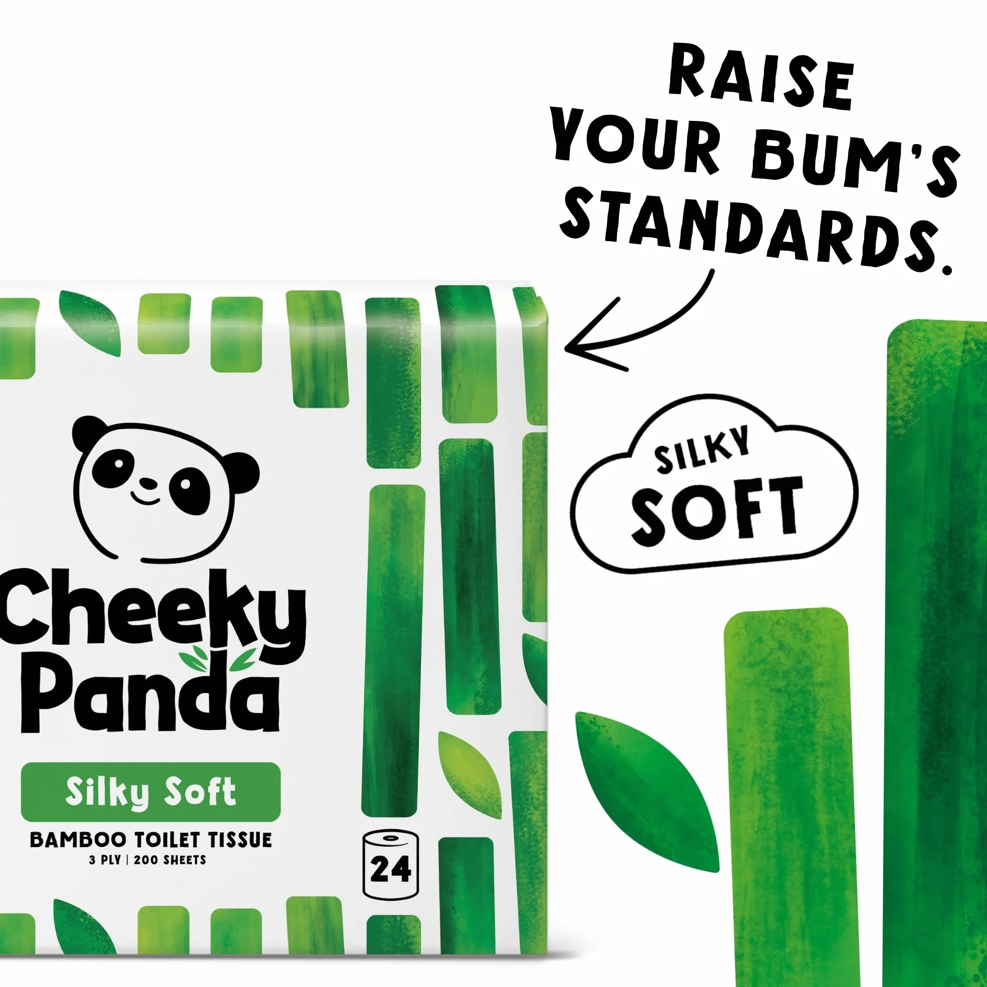 Cheeky Panda Bambusowe rolki toaletowe – 24 rolki 3-warstwowego papieru toaletowego | opakowanie bez plastiku | zrównoważony papier bibułowy | biały