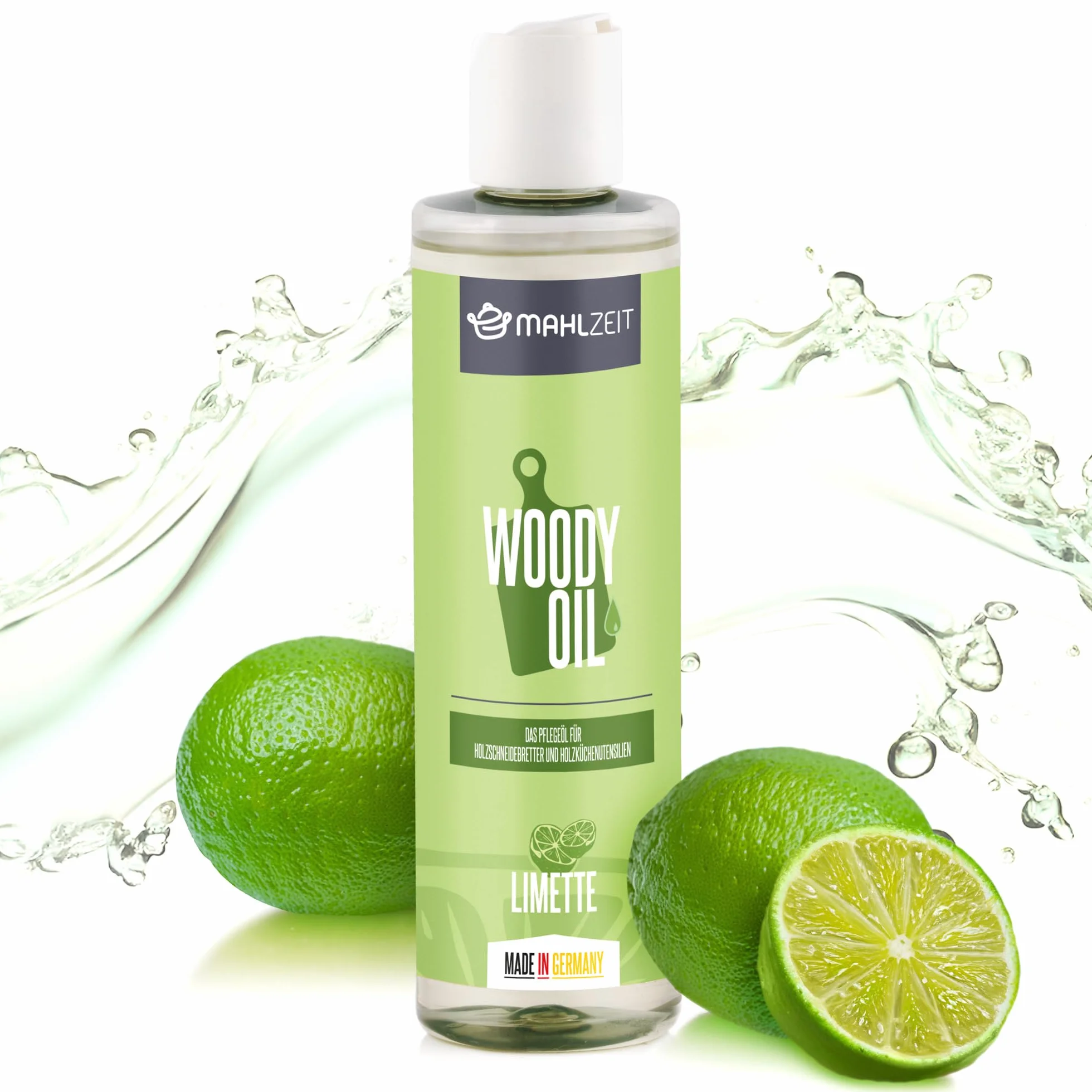 Mahlzeit WOODY OIL olej do pielęgnacji drewna, olej do desek do krojenia i drewnianych przyborów kuchennych, 250 ml, zapach limonki, 100% naturalny, olej do drewnianych desek do krojenia, blatów
