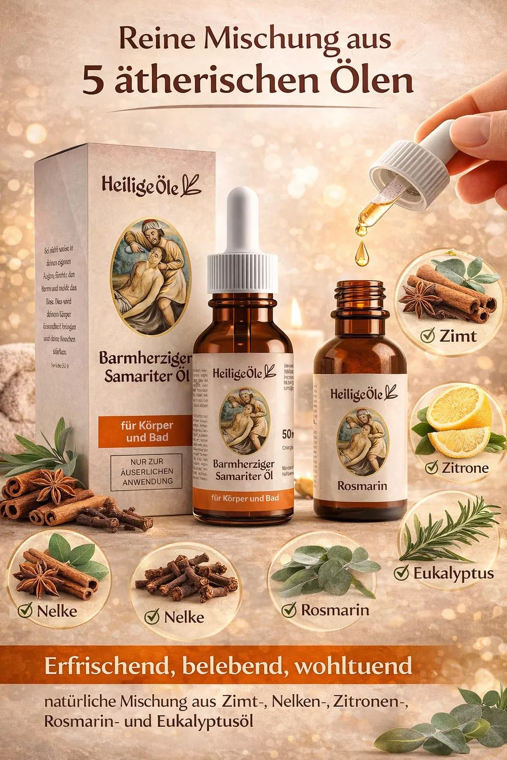 Olej Miłosiernego Samarytanina 50 ml | 5 olejków eterycznych (goździk, cytryna, rozmaryn, eukaliptus, cynamon) | formuła "Luz de Maria" | 100% naturalny | aromaterapia, olejek do kąpieli i ciała