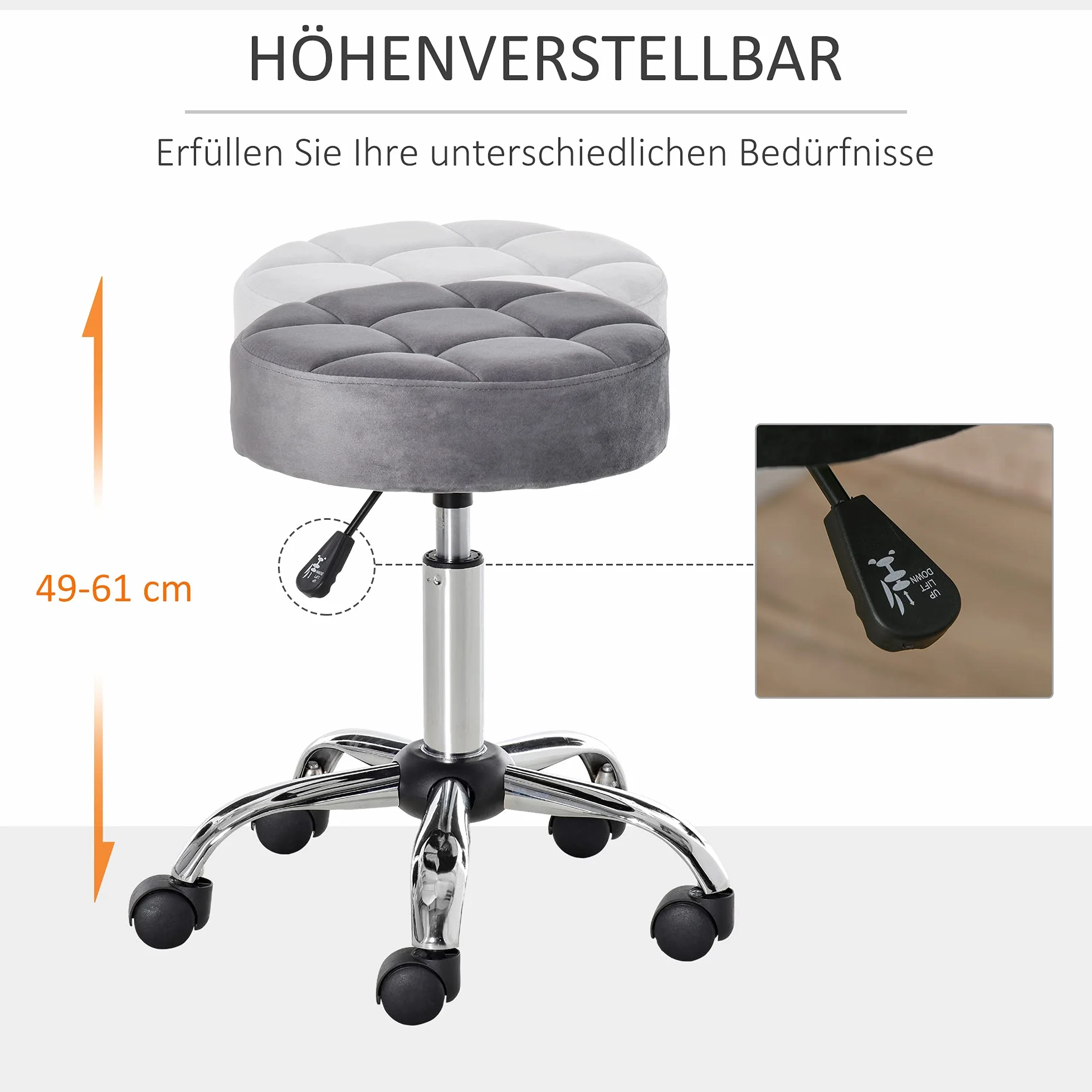 HOMCOM krzesło do salonu na kółkach stołek na kółkach z regulacją wysokości obrotowy hoker do salonu aksamitny dotyk pianka chromowana podstawa szary 35 x 35 x 49-61 cm