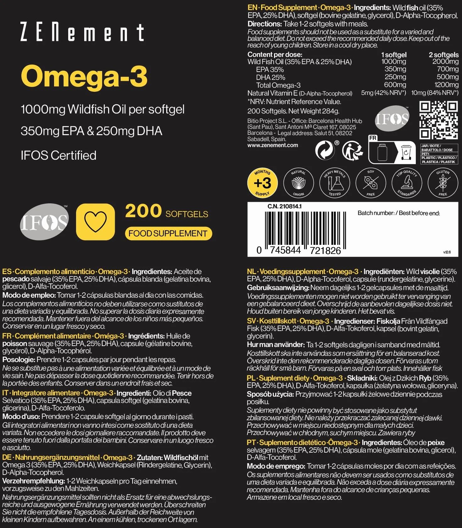 Omega 3 IFOS – 2000 mg (EPA 700 mg + DHA 500 mg) na dzienną porcję (2 softgels) – Utrzymuje prawidłowy poziom triglicerydów – Z naturalną witaminą E o działaniu antyoksydacyjnym – Zenement