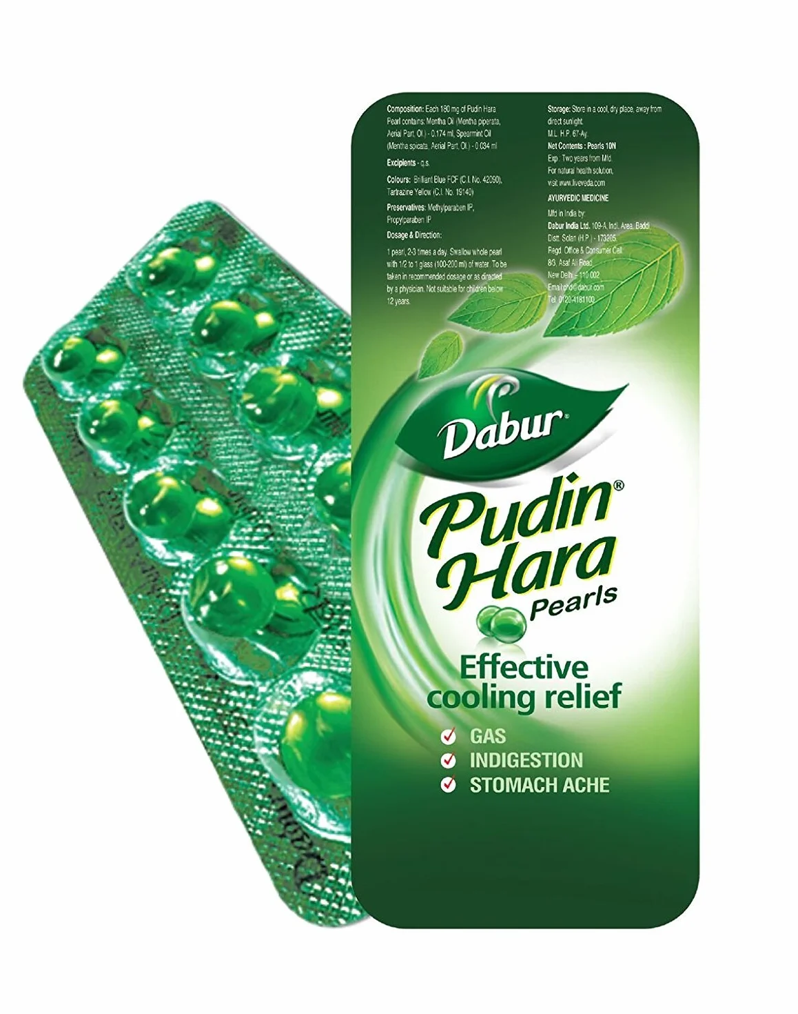 Dabur Perły Pudin Hara - 30 pereł (3 x 10 na pasek), miętowy smak, ajurwedyjski naturalny środek szybkiego działania na ból brzucha, gaz i nietrawienie