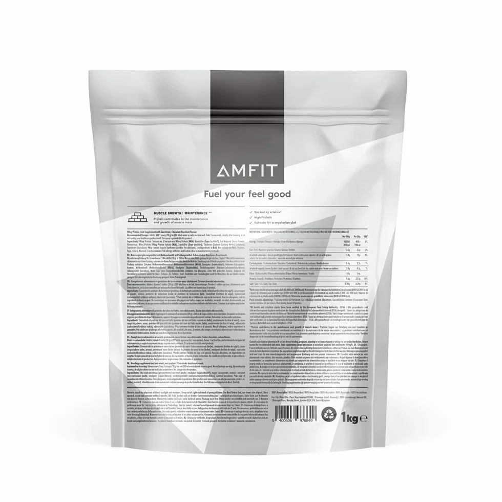 Marka Amfit Nutrition Amfit Nutrition Białko serwatkowe w proszku, orzech laskowy i czekoladowy, 33 porcje, 1 kg (1 sztuka)