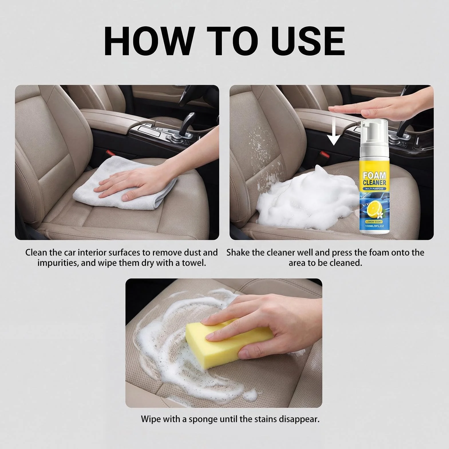 Multi Purpose Foam Cleaner, Upholstery Cleaning Spray 150 ml, All Deep Foam for Bathroom Kitchen Car Interior Countertop Toilet Furniture Use, Strong Stain Removal, Home Care Cleaning Solution