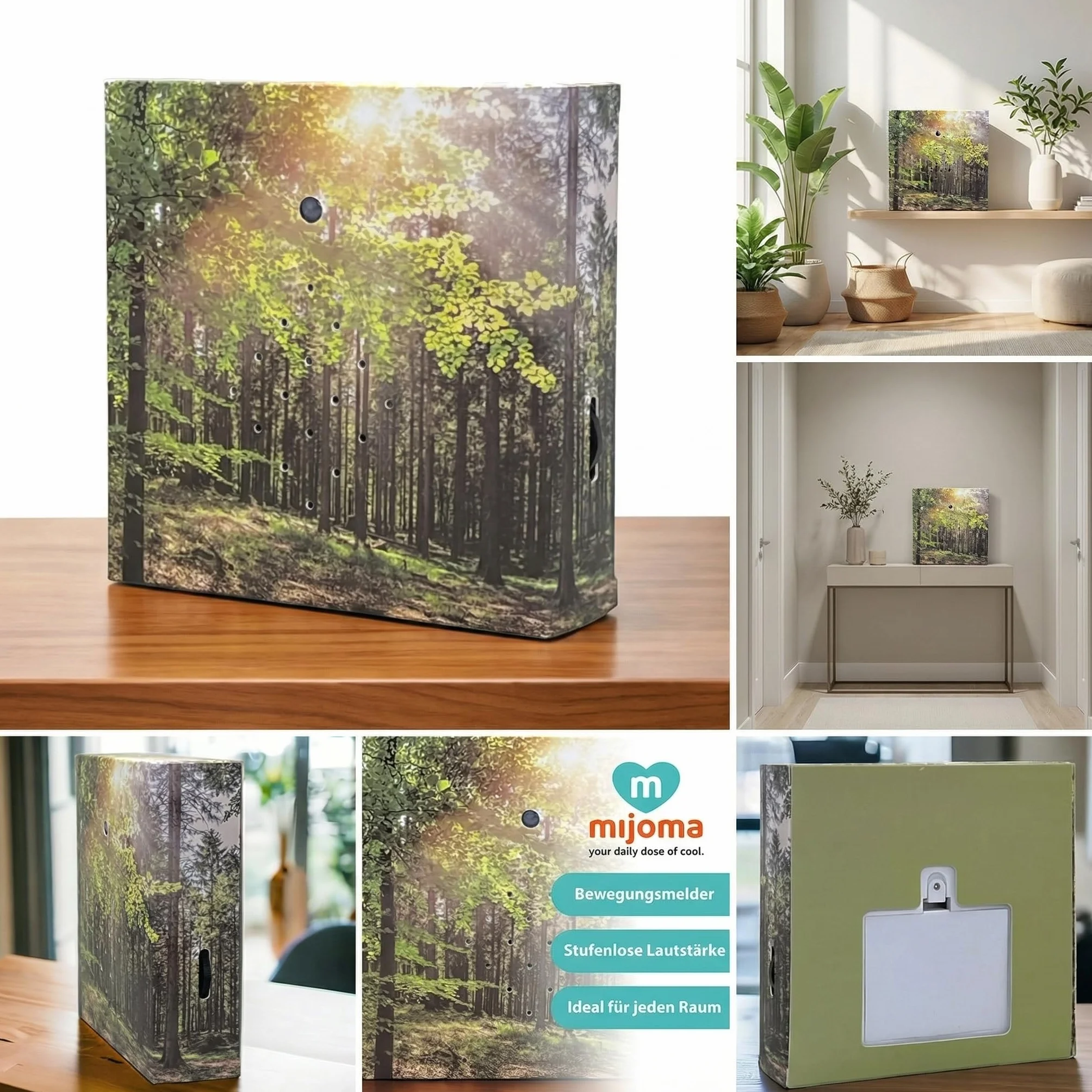 MIJOMA Soundbox z śpiewem ptaków i leśną scenerią – kojący relaks w Twoim domu | głośnik, czujnik ruchu i przełącznik wł./wył. | idealny do łazienki, korytarza, biura i salonu | 12 x 12 cm (las)