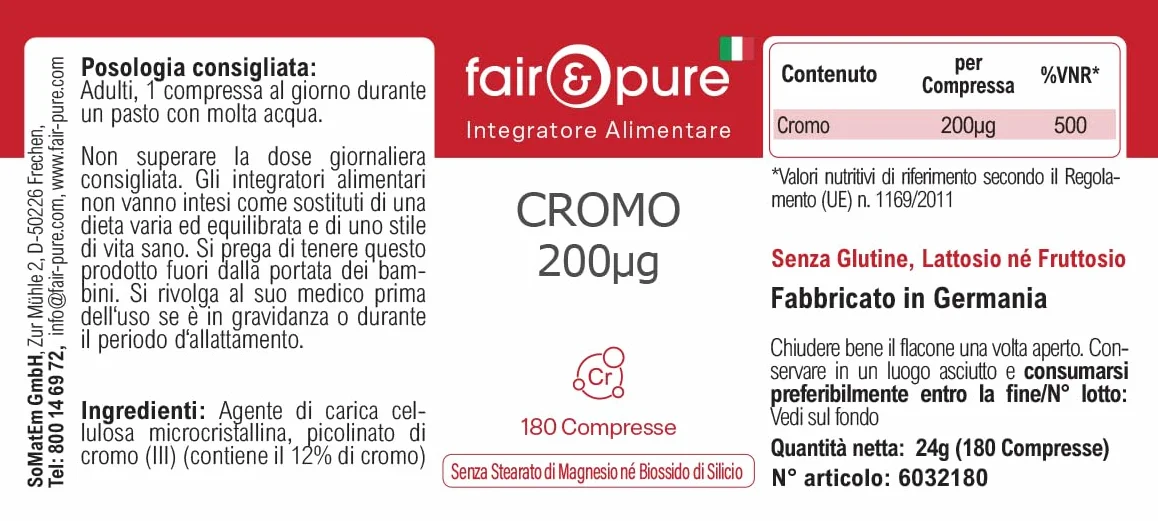 Tabletki chromu Fair & Pure 200 μg, 180 tabletek, wegański suplement diety bez dodatków, wyprodukowano w Niemczech