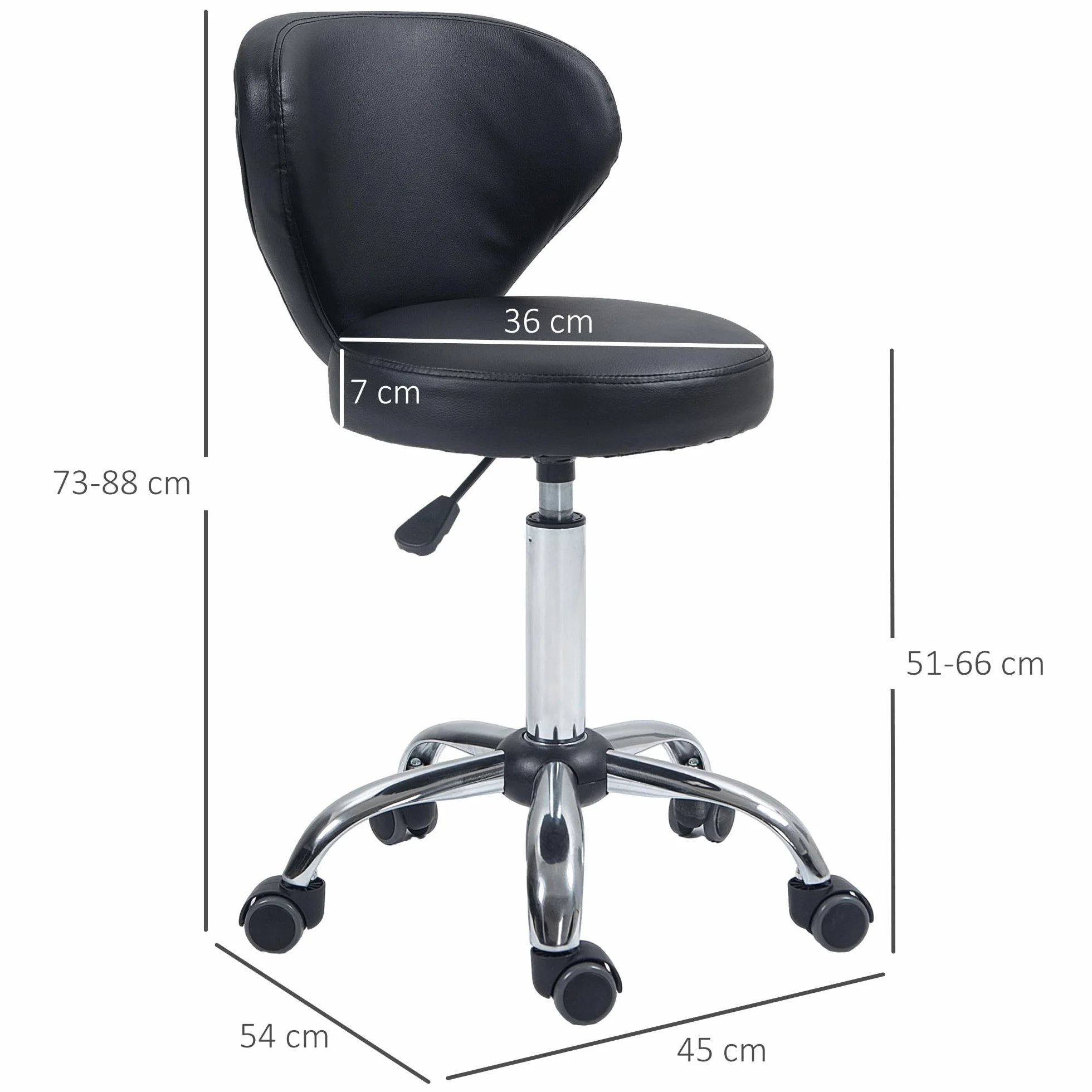 HOMCOM Taboret na kółkach z regulacją wysokości, obrotowy taboret do salonu z oparciem, kółkami, taboret roboczy do biura, salonu, ze sztucznej skóry, 45 x 54 x 73-88 cm, czarny