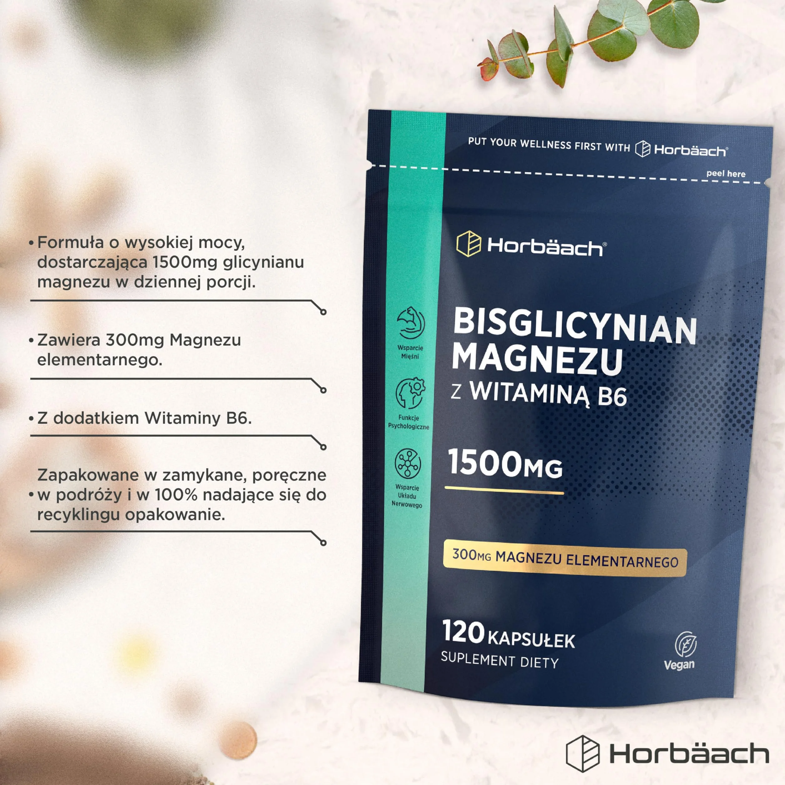 Glicynian Magnezu 1500 mg + Witamina B6 | Bisglicynian Dostarczający 300 mg Czystego Magnezu Elementarnego | 120 Kapsułek | 100% Wegańskie | marki Horbaach