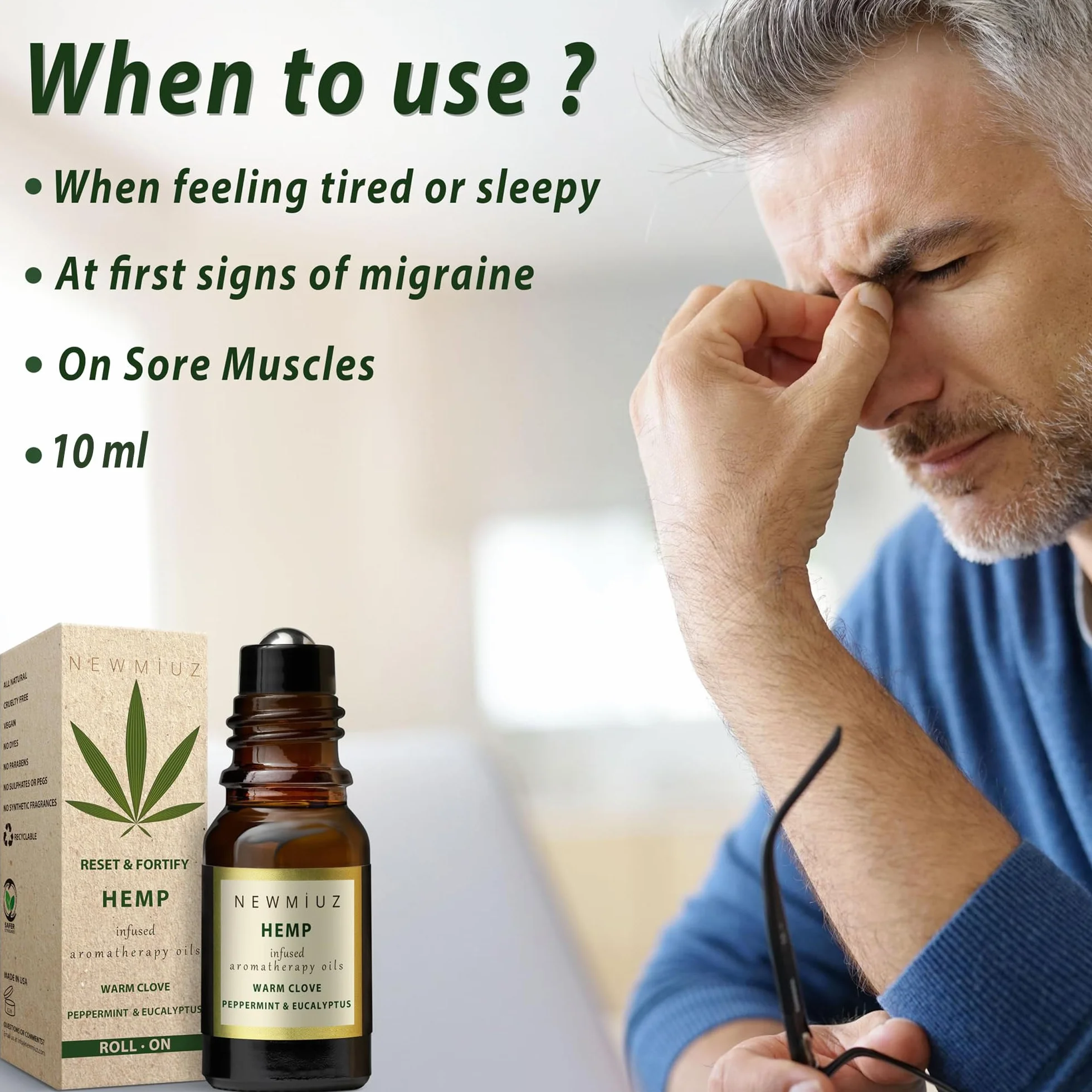 Migraine Headache Roll-On Stick 300 mg Hemp Peppermint Eucalyptus Clove & Arnica Aromatherapy Quality Essential Oils for Headache Relief Gifts for Women NEW MIUZ