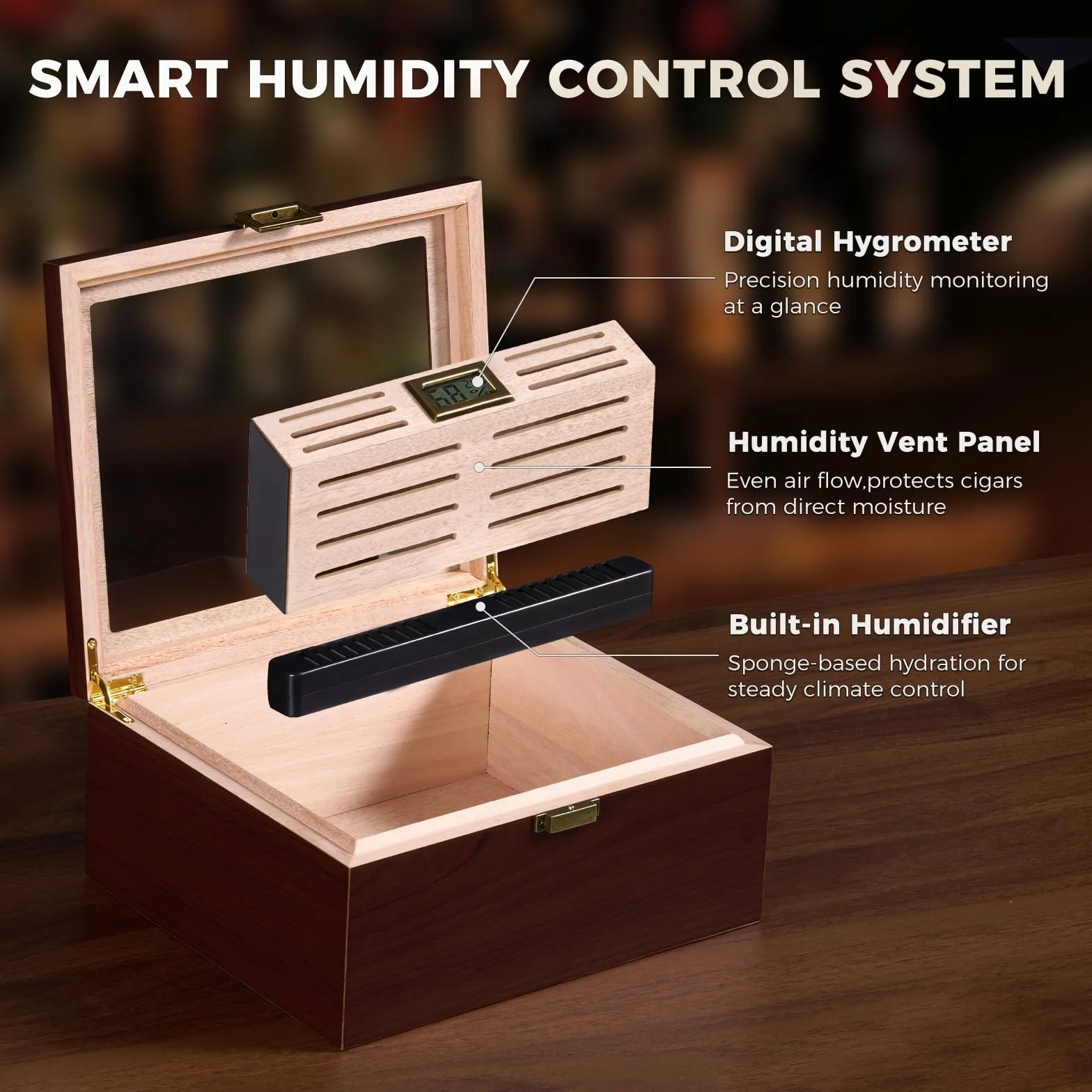 ProCase Humidor do cygar z drewna cedrowego, cyfrowy higrometr, szklany blat, duży, brązowy