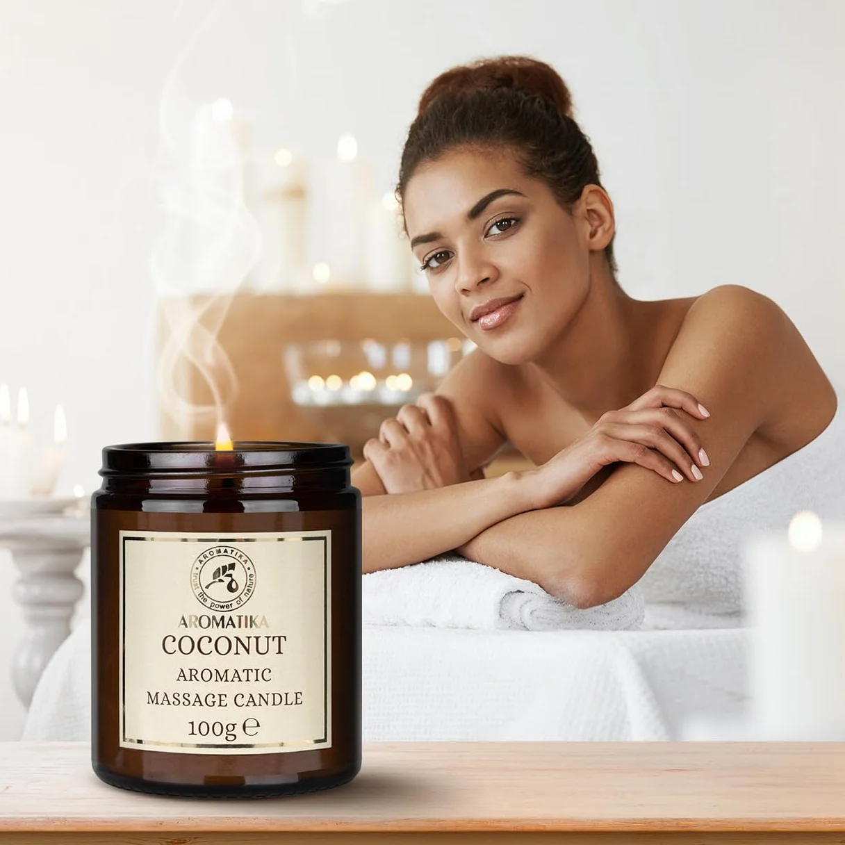 Świeca do masażu Coco 100 g - świeca sojowa - mieszanka olejków kokosowych i migdałowych i monoi z Tahiti - relaksujący masaż, uspokajający, aromatyczny