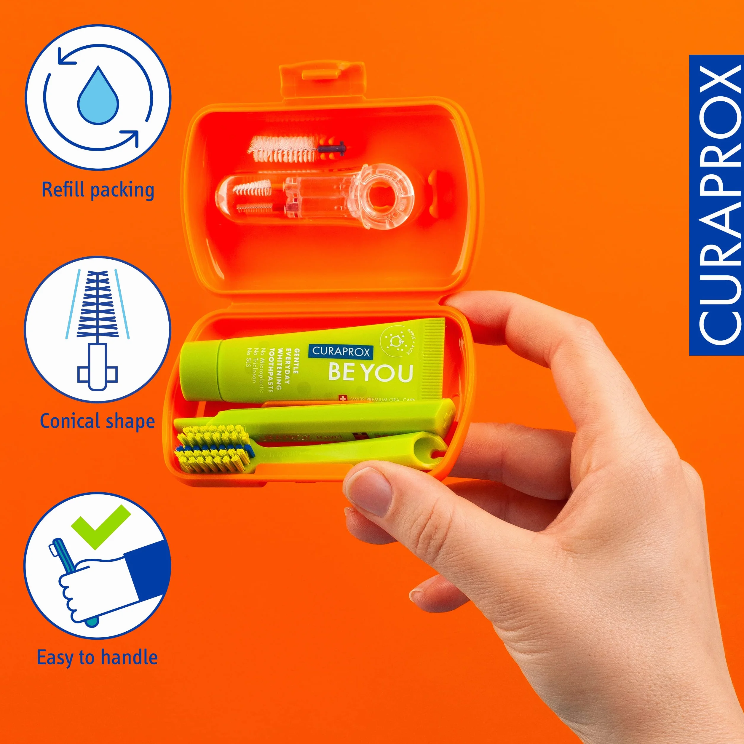 Curaprox Ortho Travel Set-Szelki i pielęgnacja jamy ustnej w podróży/Ultra miękka szczoteczka + wybielająca pasta do zębów/kompaktowy zestaw do higieny ortodontycznej/Made in Switzerland