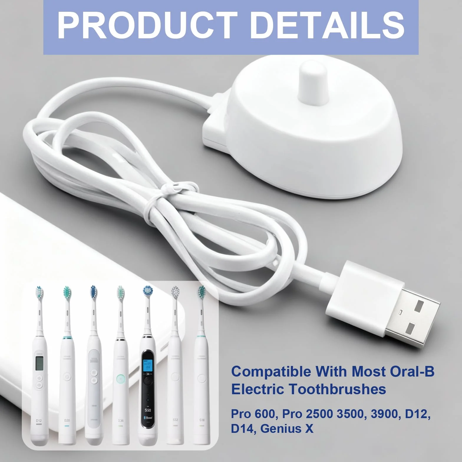Elektryczna ładowarka do szczoteczek do zębów Braun 3757 Pro 600, Pro 2500 3500, 3900, D12, D14, Genius X, USB, kompatybilna z większością elektrycznych szczoteczek do zębów, wodoodporna i przenośna