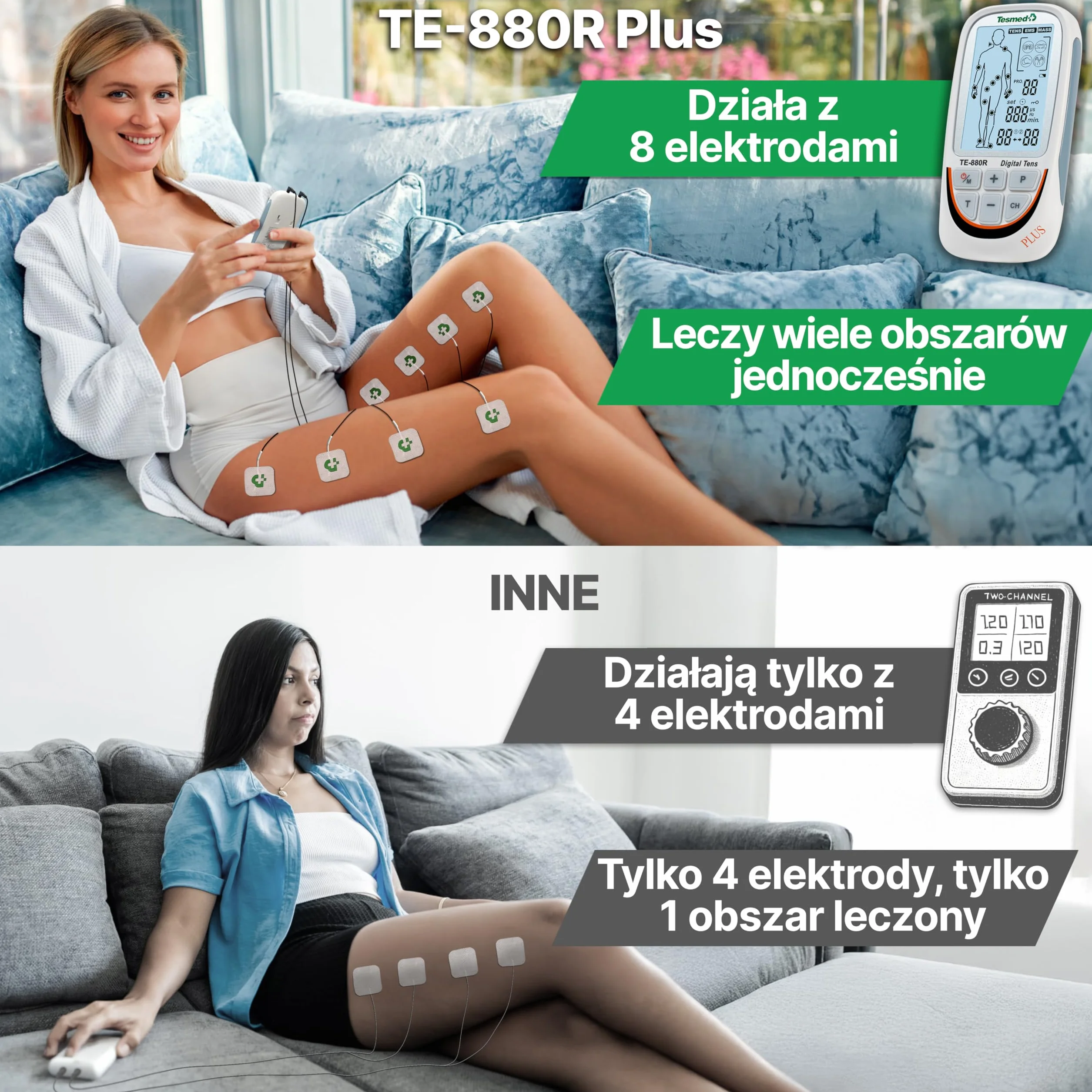 TESMED TE-880R Plus elektrostymulator mięśni do wielokrotnego ładowania, EMS, TENS, masaż: 73 programów Cui 2 konfigurowalne - działa z 8 elektrodami