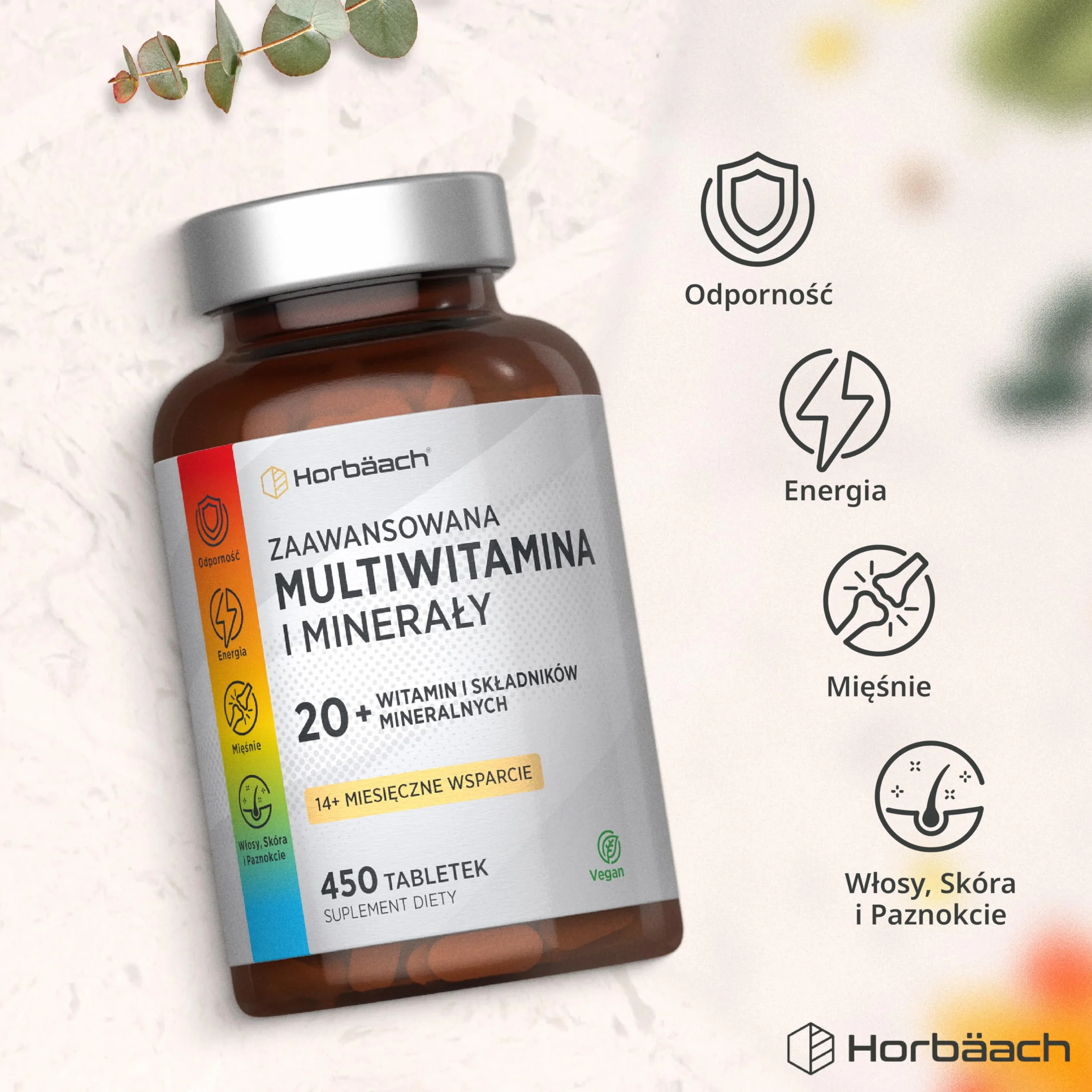 Multiwitamina z Witaminami i Minerałami | 450 Tabletek (13 Miesięcy) | Niezbędne Składniki Odżywcze A–Z, W Tym Witamina D, B12, Cynk i Żelazo | Wegański Suplement | marki Horbaach