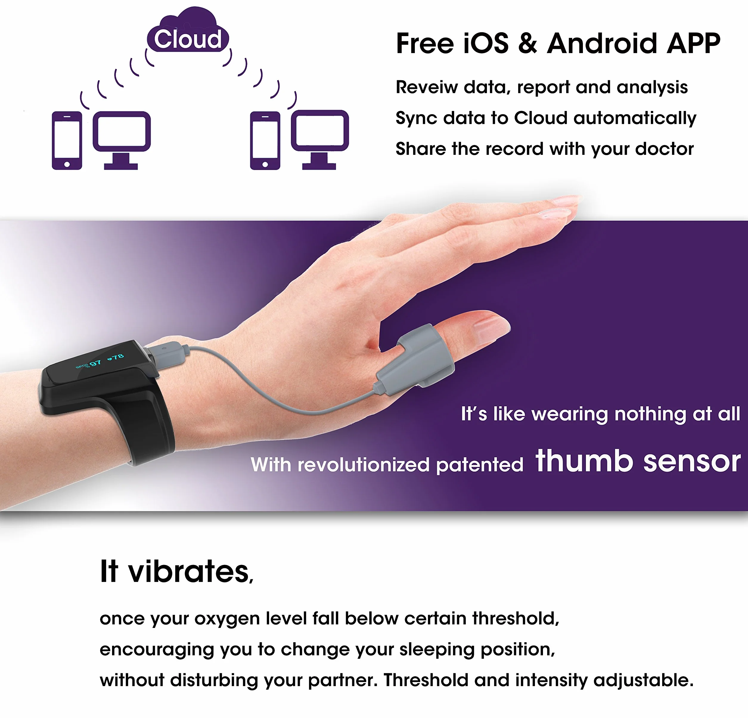 Checkme™ O2 Monitor snu, przenośny monitor tlenu i tętna, opatentowany czujnik kciuka, pulsoksymetr SpO2 z inteligentnym alarmem wibracyjnym, Bluetooth, przeciw chrapaniu, opaska na nadgarstek z