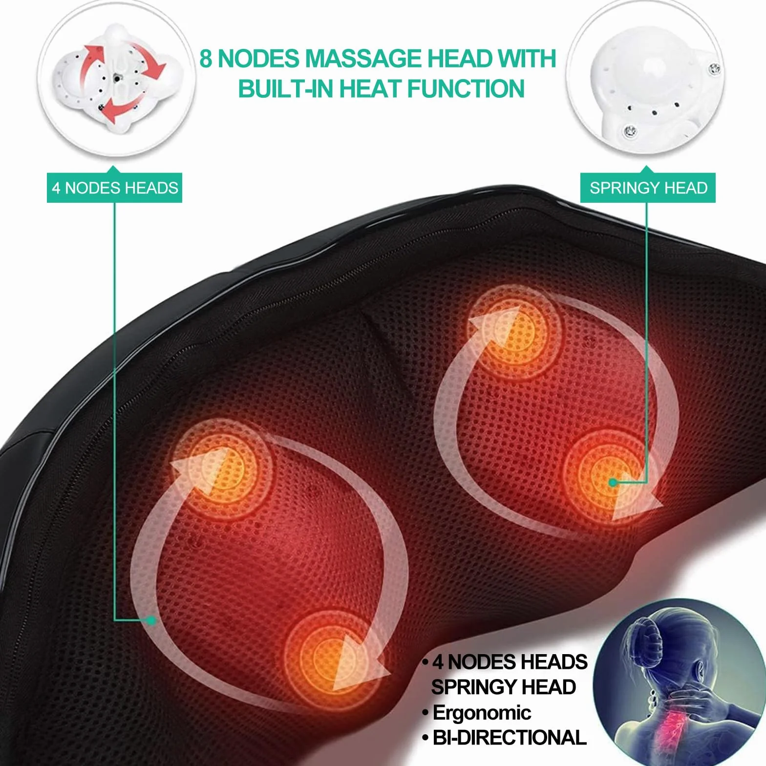Medcursor Masażer szyi z ciepłem, głębokimi tkankami Shiatsu, poduszka do masażu ramion i pleców 3D, do łagodzenia bólu, nadaje się do domu, biura (czarny)