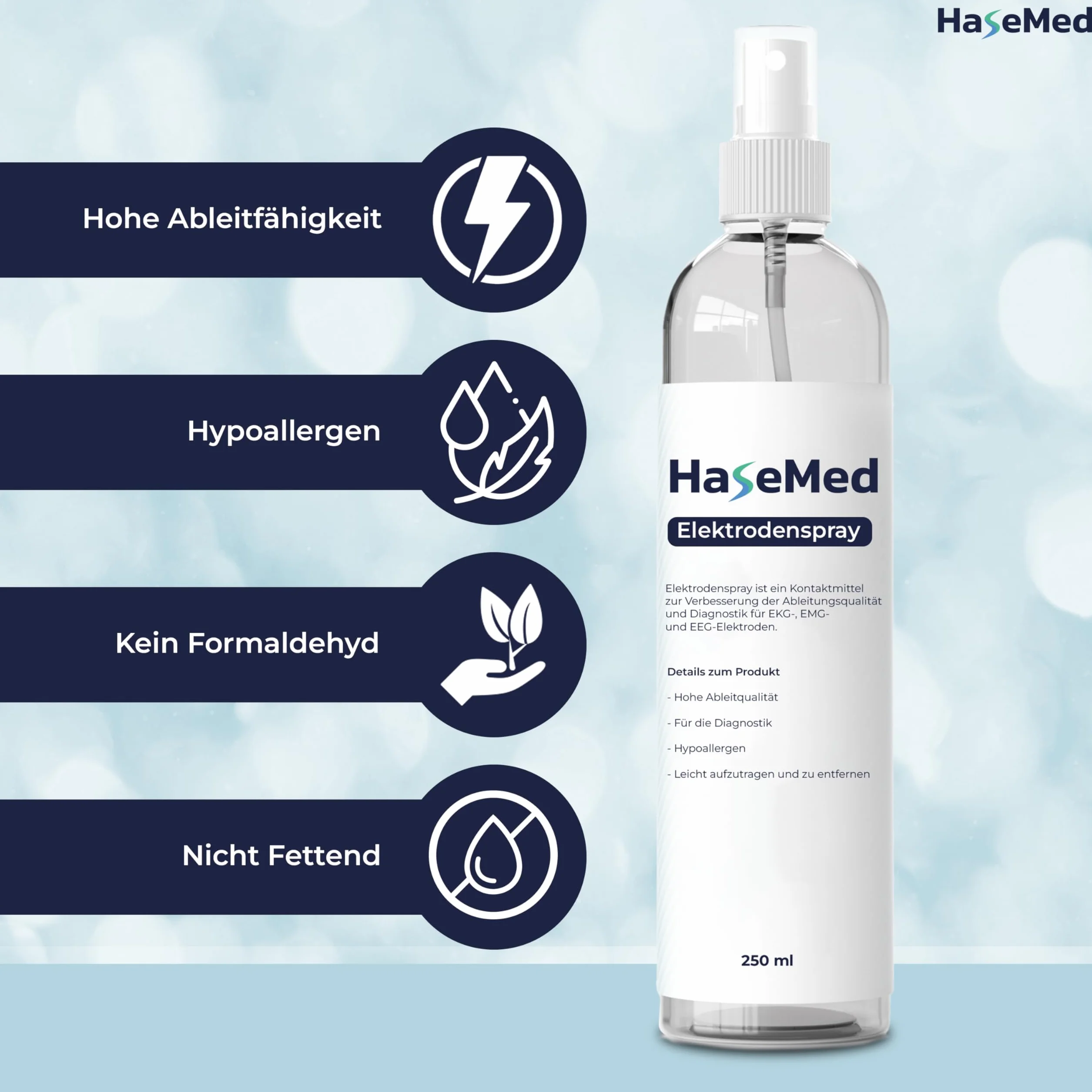 HaseMed spray elektrodowy 1 sztuka – środek kontaktowy do elektrod EKG, EMG i EEG – 250 ml – przyjazny dla skóry, nie pozostawia śladów i gotowy do użycia – zapewnia optymalną przewodność przy każdym