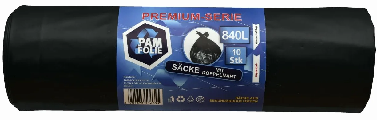 Worki Na Śmieci 840L - 10 Sztuk XXL - Duże Worki Na Odpady Budowlane Premium - 130x170cm - 40µm - Czarny Pojemnik Na Śmieci - Styropian
