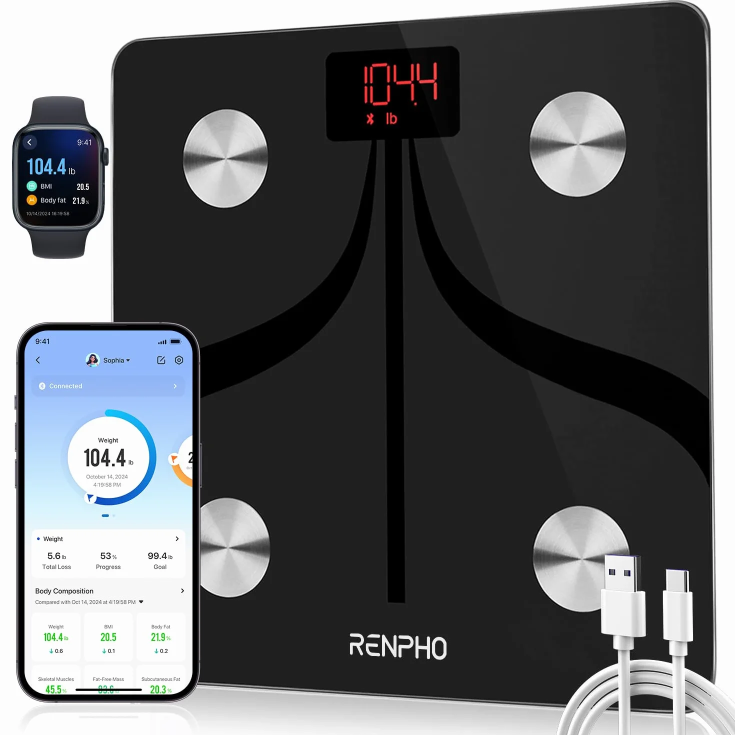 RENPHO Inteligentne Wagi Do Pomiaru Tkanki Tłuszczowej Usb Do ładowania, Wagi łazienkowe Bluetooth Precyzyjna Waga Z Aplikacją Na Smartfona, Monitor Składu Ciała Dla Tkanki Tłuszczowej, Bmi, Masy Ciała, Masy Mięśniowej