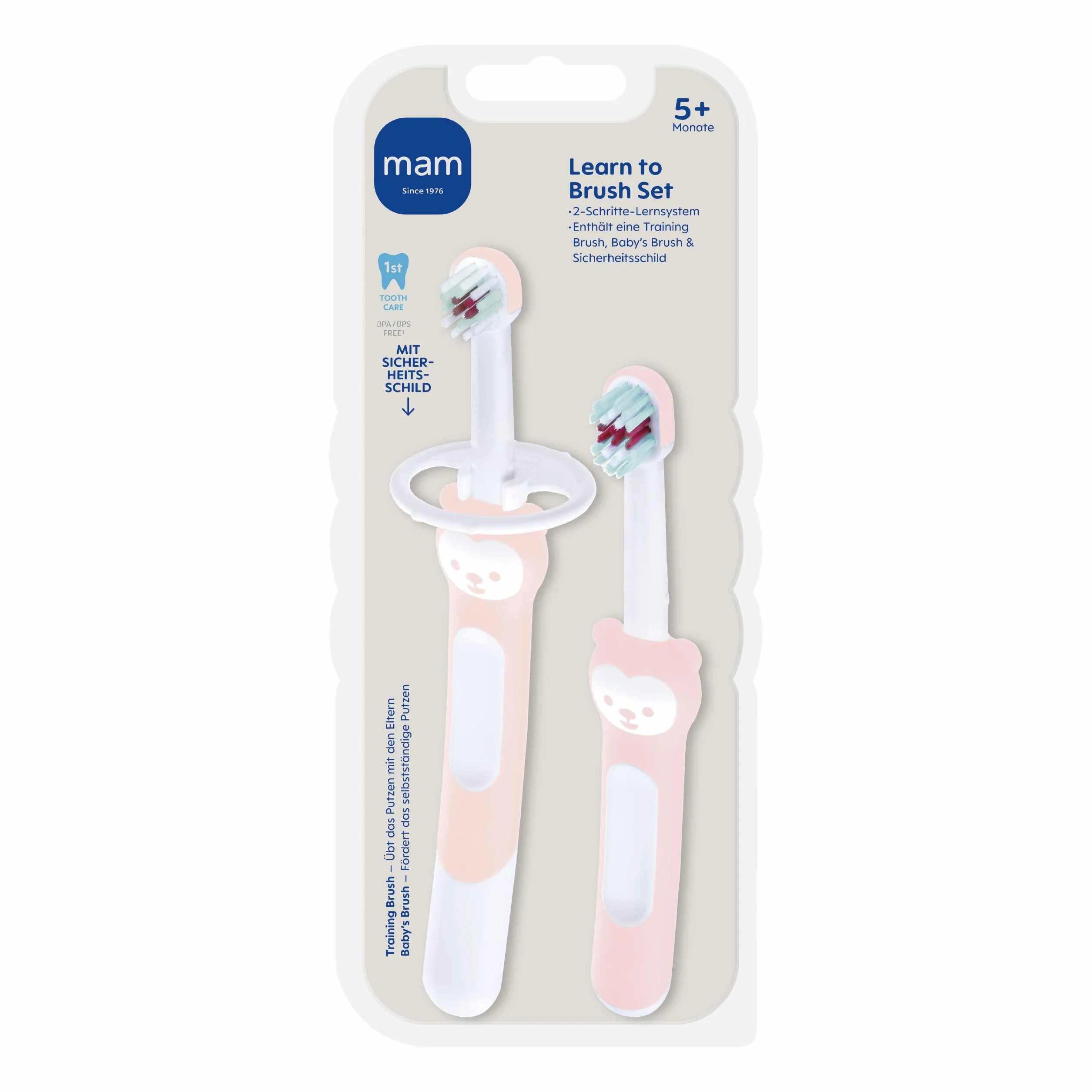 MAM Learn to Brush Set szczoteczka do zębów dla niemowląt długi uchwyt różowa od 5+ miesięcy