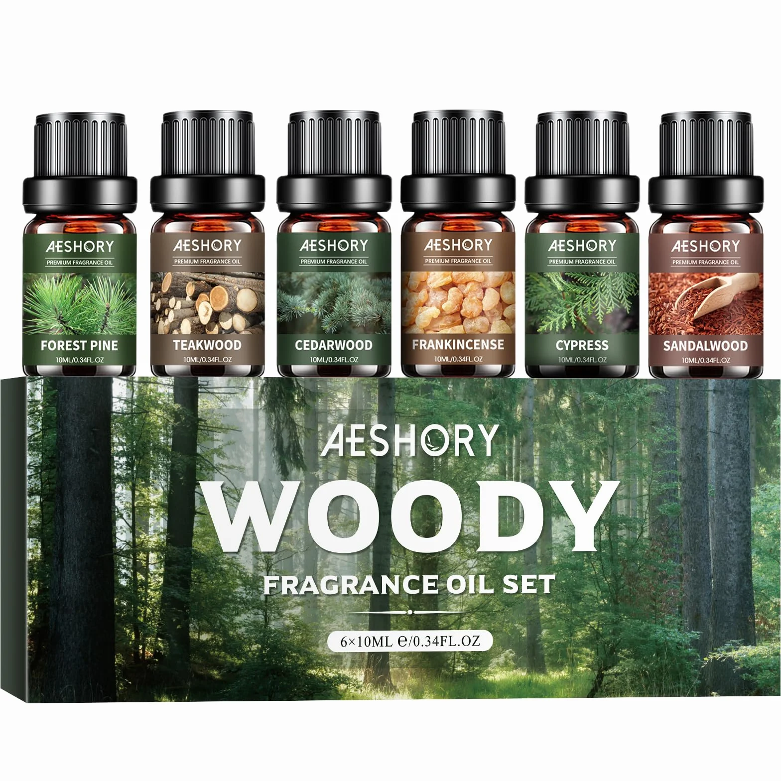 Aeshory 6 x 10ml Drzewny Zestaw Olejków Eterycznych Do Dyfuzorów, Aromaterapii, Nawilżaczy Powietrza I Wyrobu Świec – Drzewo Sandałowe, Cedrowe, Cyprysowe, Kadzidłowe, Tekowe, Sosnowe