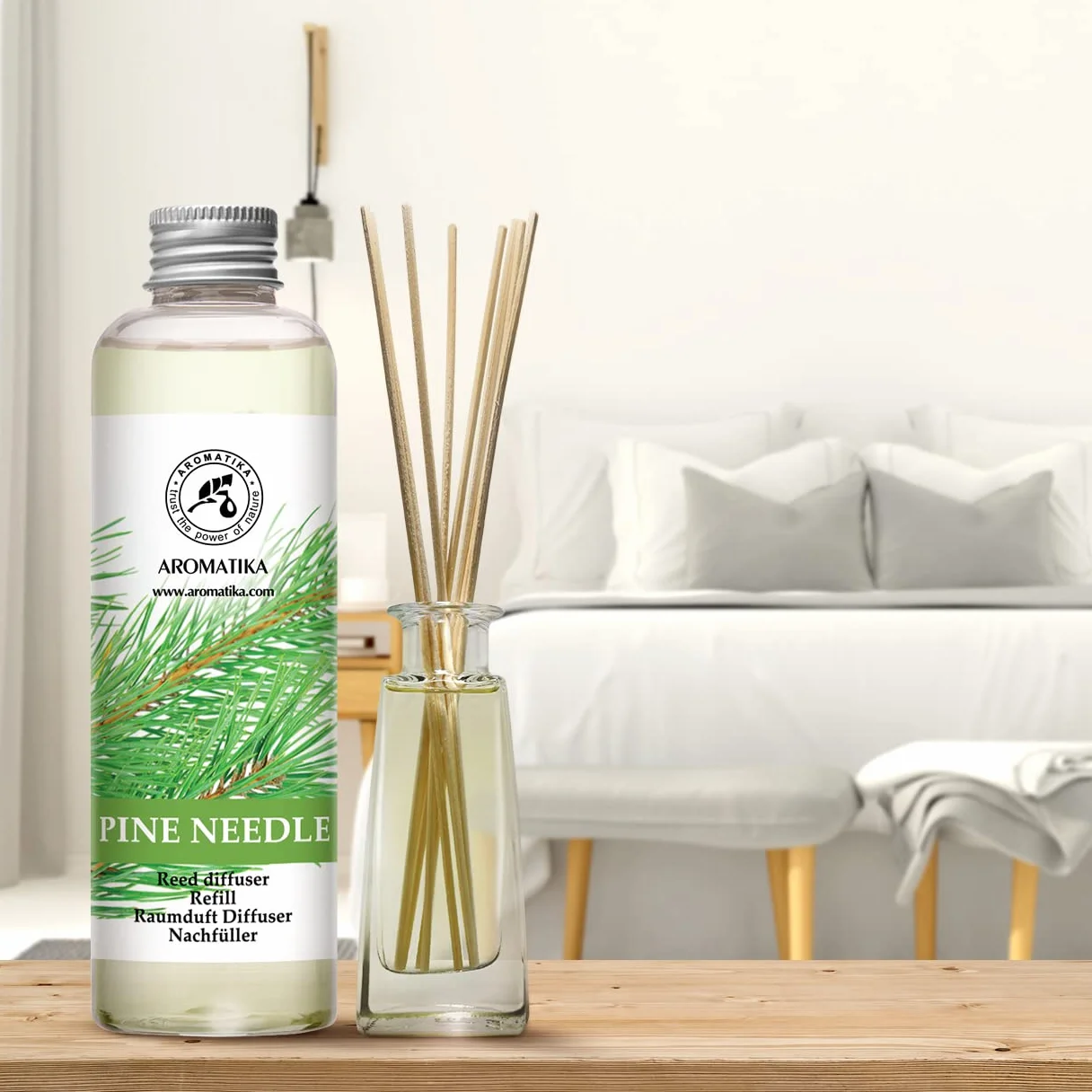 AROMATIKA Wkład do Dyfuzora Trzcinowego Sosna 200 ml Świeży i Długotrwały Zapach Dyfuzor Zapachowy z Patyczkami Olejek z Igieł Sosny Aromaterapia Dom Biuro Odświeżacz Powietrza