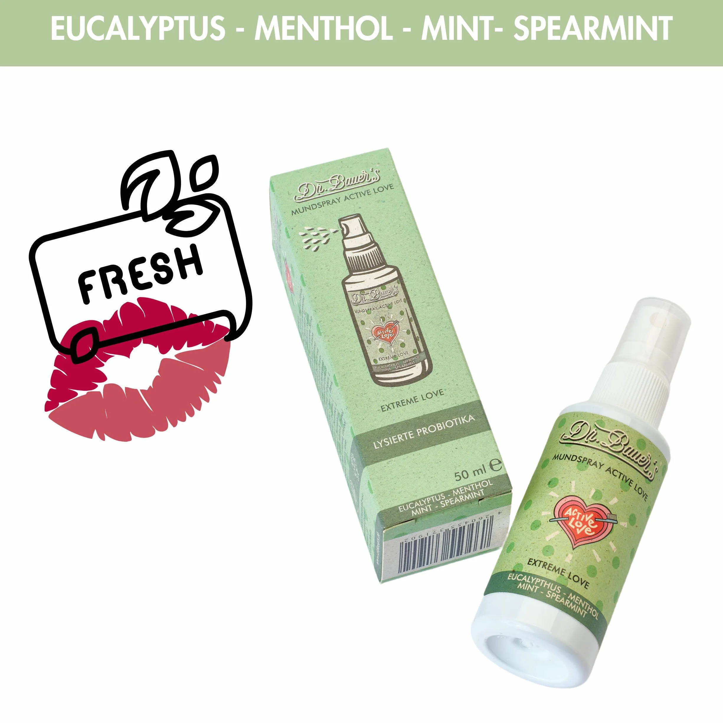 Dr. Bauer's Extreme Love Spray do ust 50 ml – mocna świeżość mięty, wegański, bez alkoholu