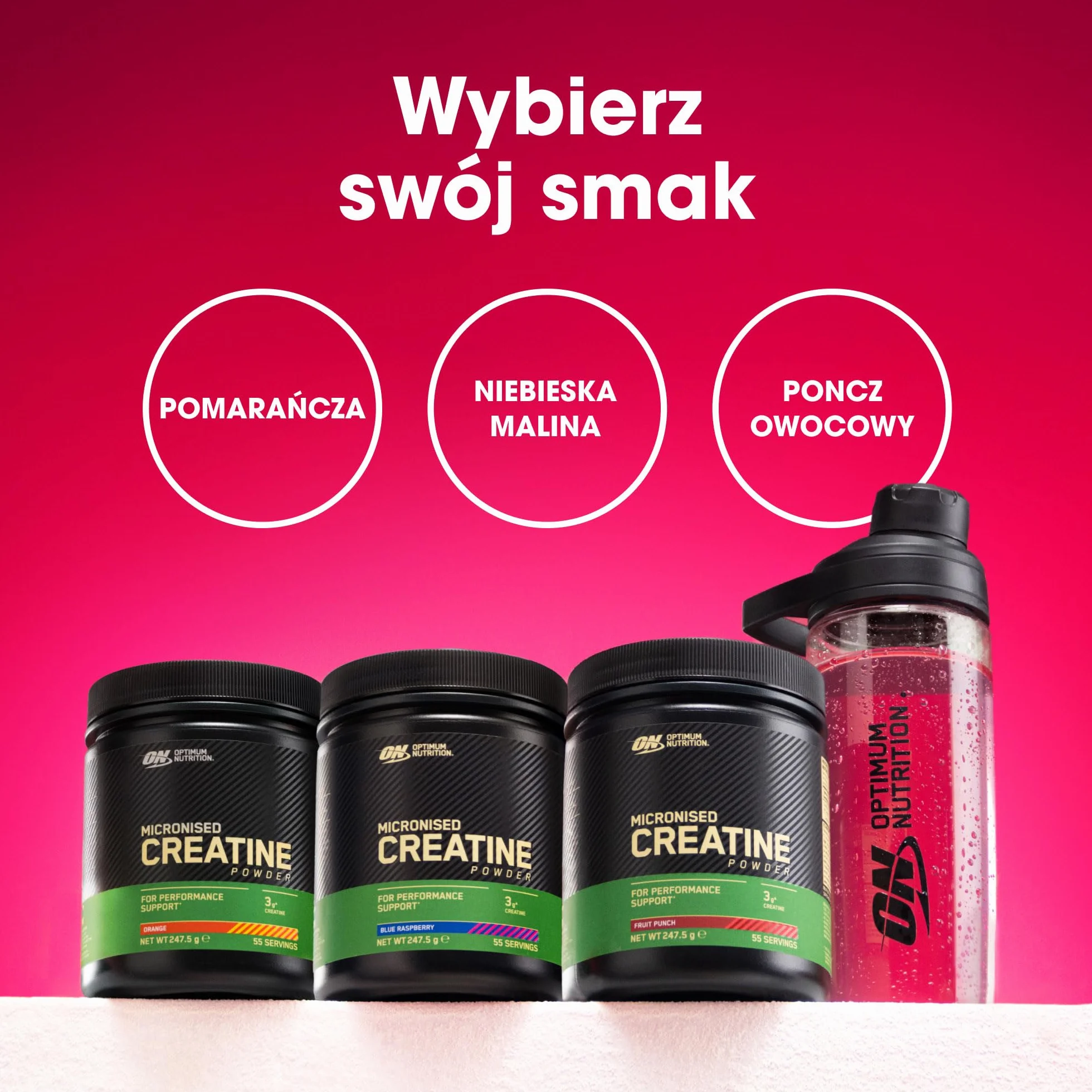 Optimum Nutrition Mikronizowana Kreatyna w Proszku, Poncz Owocowy, 247.5g, 55 Porcji