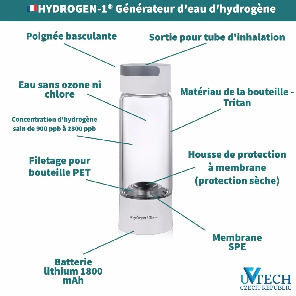 Hydrogen-1 generator wody 400 ml japońska membrana SPE inhalacja wodoru biały