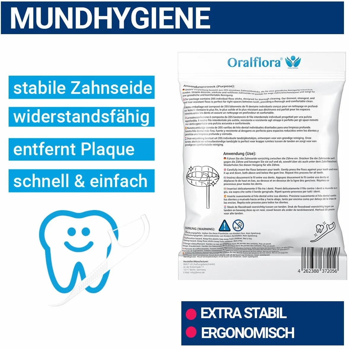 Oralflora 205 szt. nici dentystyczne z wykałaczką 2 w 1 – patyczki do czyszczenia przestrzeni międzyzębowej