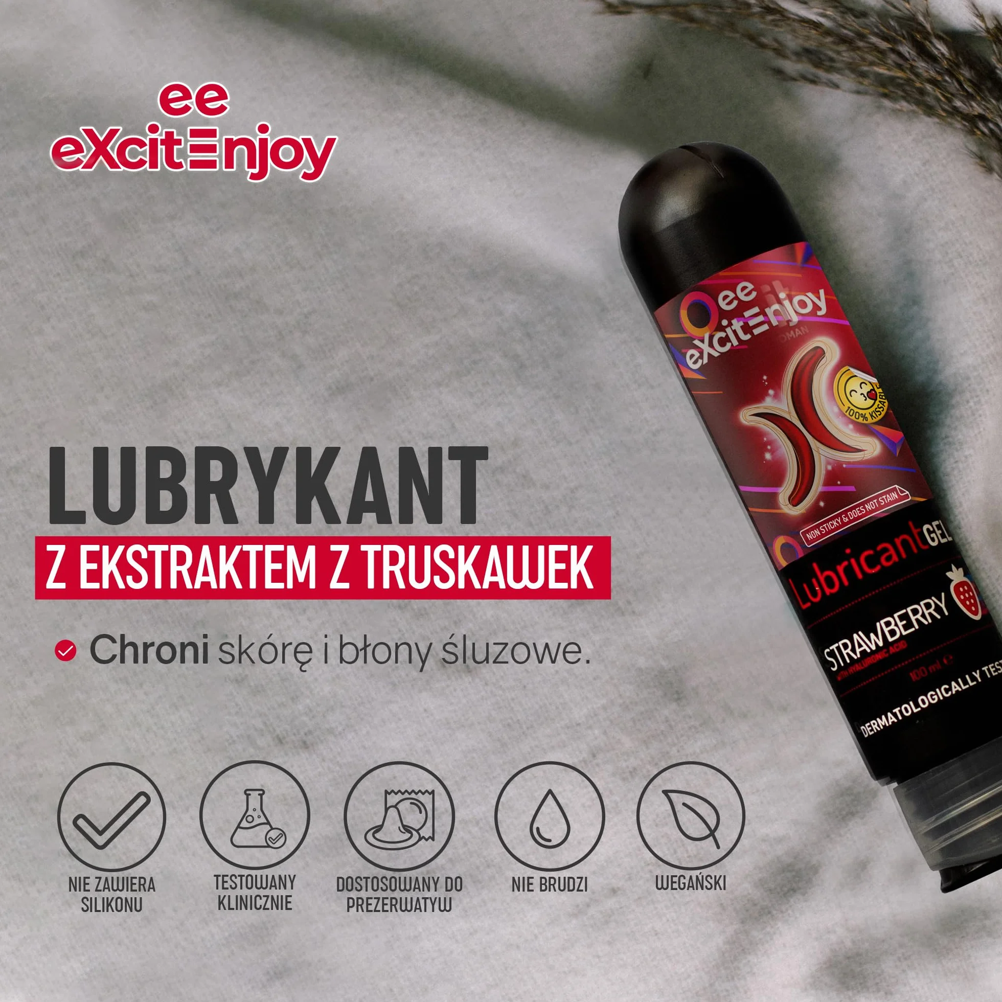 Żel intymny Excite o zapachu truskawki na bazie wody, 100 ml - nawilżający i delikatny dla wrażliwej skóry, wegański i nietestowany na zwierzętach