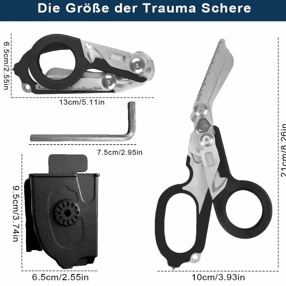 Trauma Nożyczki Multitool, Nożyczki Ratownicze z 6 Praktycznymi Funkcjami, Składane Nożyczki ze Stali Nierdzewnej, Nożyczki do Przecinania Pasków, Młotek Szklany, Nożyczki Ratunkowe Raptor
