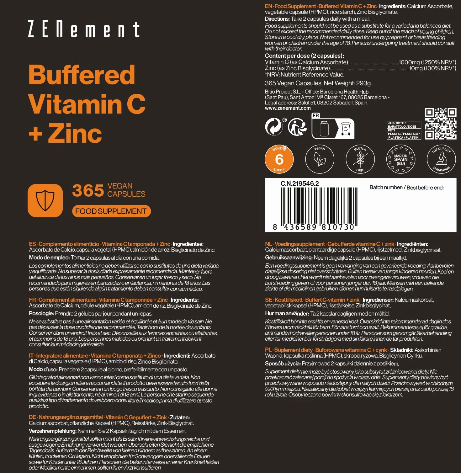 Buforowana Witamina C z Bisglicynianem Cynku - 1000 mg Witaminy C + 10 mg Cynku Elementarnego na dzienną porcję (2 wegańskie kapsułki) - Neutralne pH, delikatna dla żołądka - Układ Odpornościowy