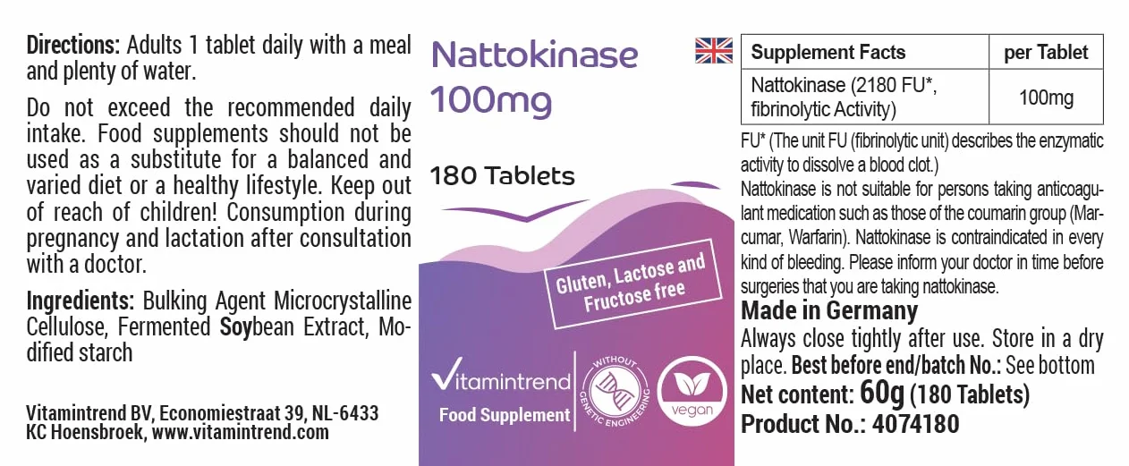 Vitamintrend Nattokinase 100mg, 180 tabletek po 100mg (21.800 FU/g), wysoka dawka, wegański, bez stearynianu magnezu, wyprodukowany w Niemczech
