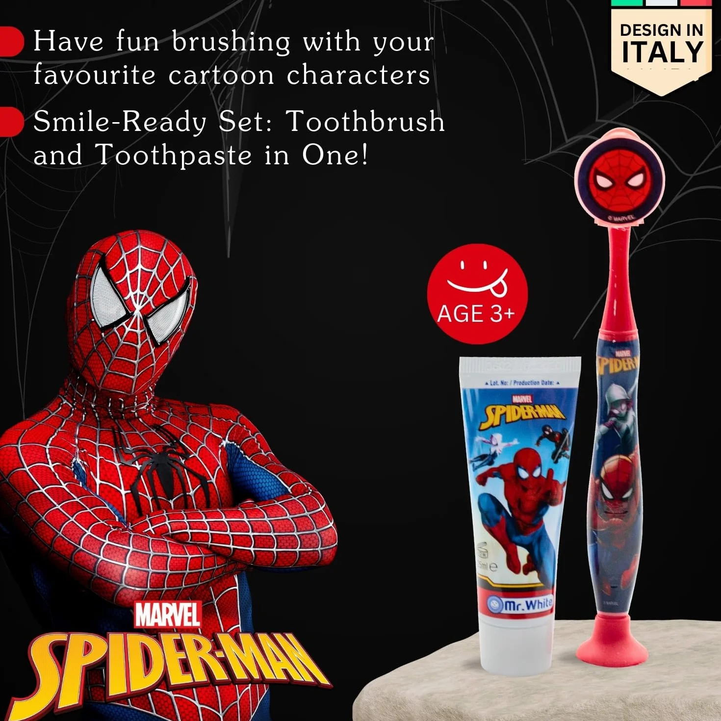 Mr.White Spider-Man zestaw podróżny dla dzieci 3 przybory toaletowe szczoteczka do zębów pasta 25 ml czapka