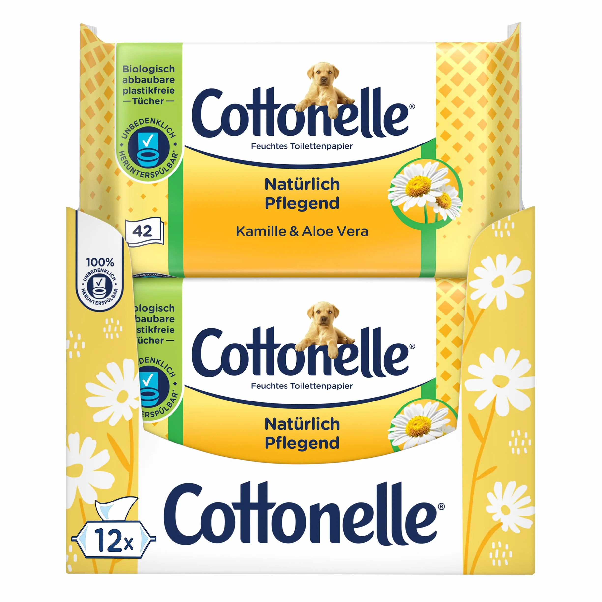 Cottonelle Wilgotny papier toaletowy, naturalnie pielęgnujący – rumianek i aloes, biodegradowalny, nie zawiera plastiku, możliwość ponownego zamknięcia, opakowanie ekonomiczne, 12 x 42 chusteczki