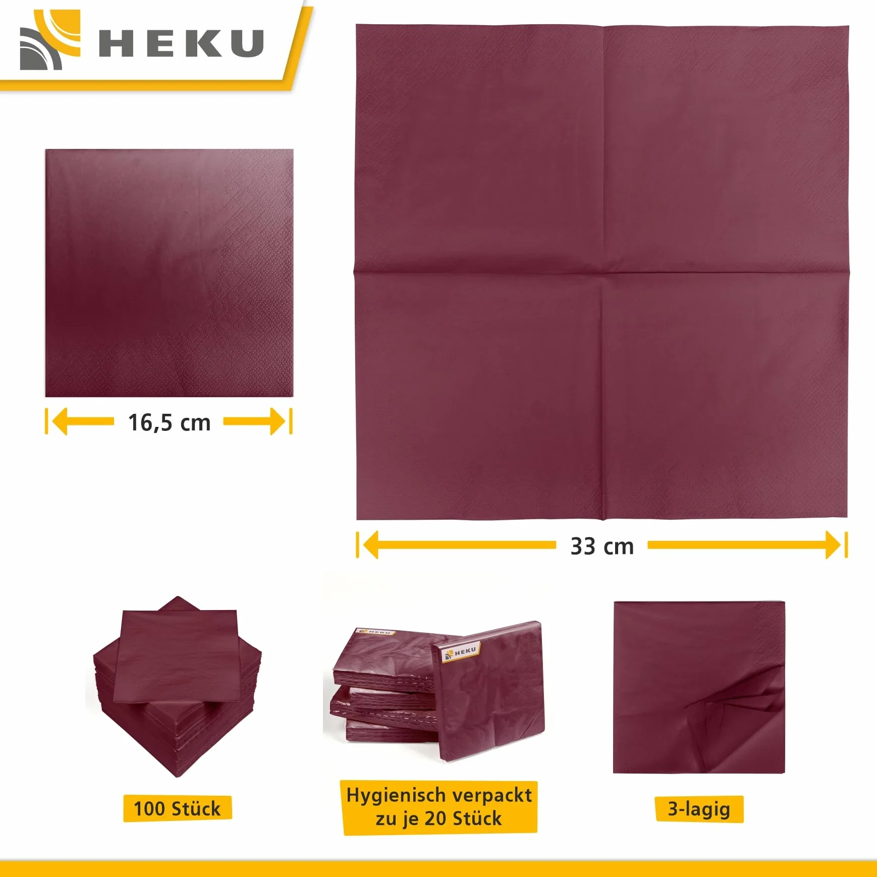 HEKU 100 jednokolorowych serwetek, 3-warstwowych, 33 x 33 cm, jednolita jakość na imprezy i do gastronomii, praktyczne opakowanie 5 sztuk, wysoce chłonne i stylowe, bordowe