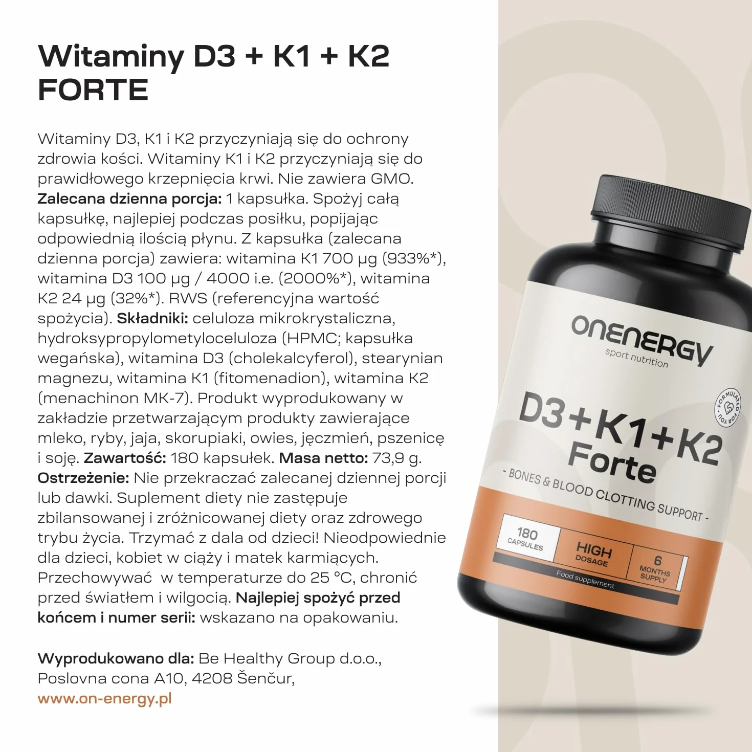 Witaminy D3 + K1 + K2 FORTE od OnEnergy - 180 kapsułek roślinnych - Wsparcie kości, mięśni i układu odpornościowego - Synergia witamin - Wsparcie krzepnięcia krwi - Zapas na 6 miesięcy