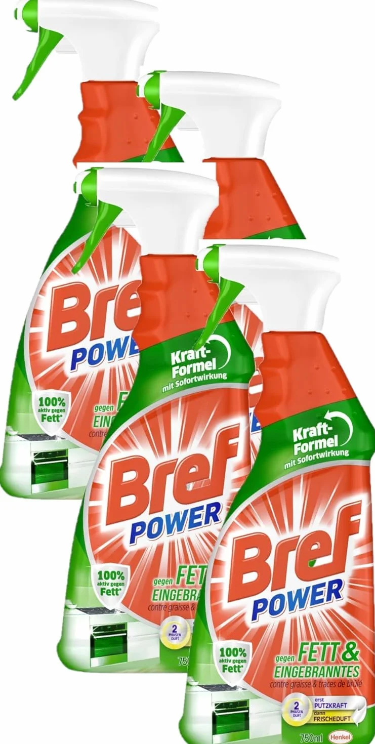 Bref Moc przeciwtłuszczowa i wypalona, butelka z rozpylaczem, do kuchni, kominka i pieca (4 opakowania 4 x 750 ml)