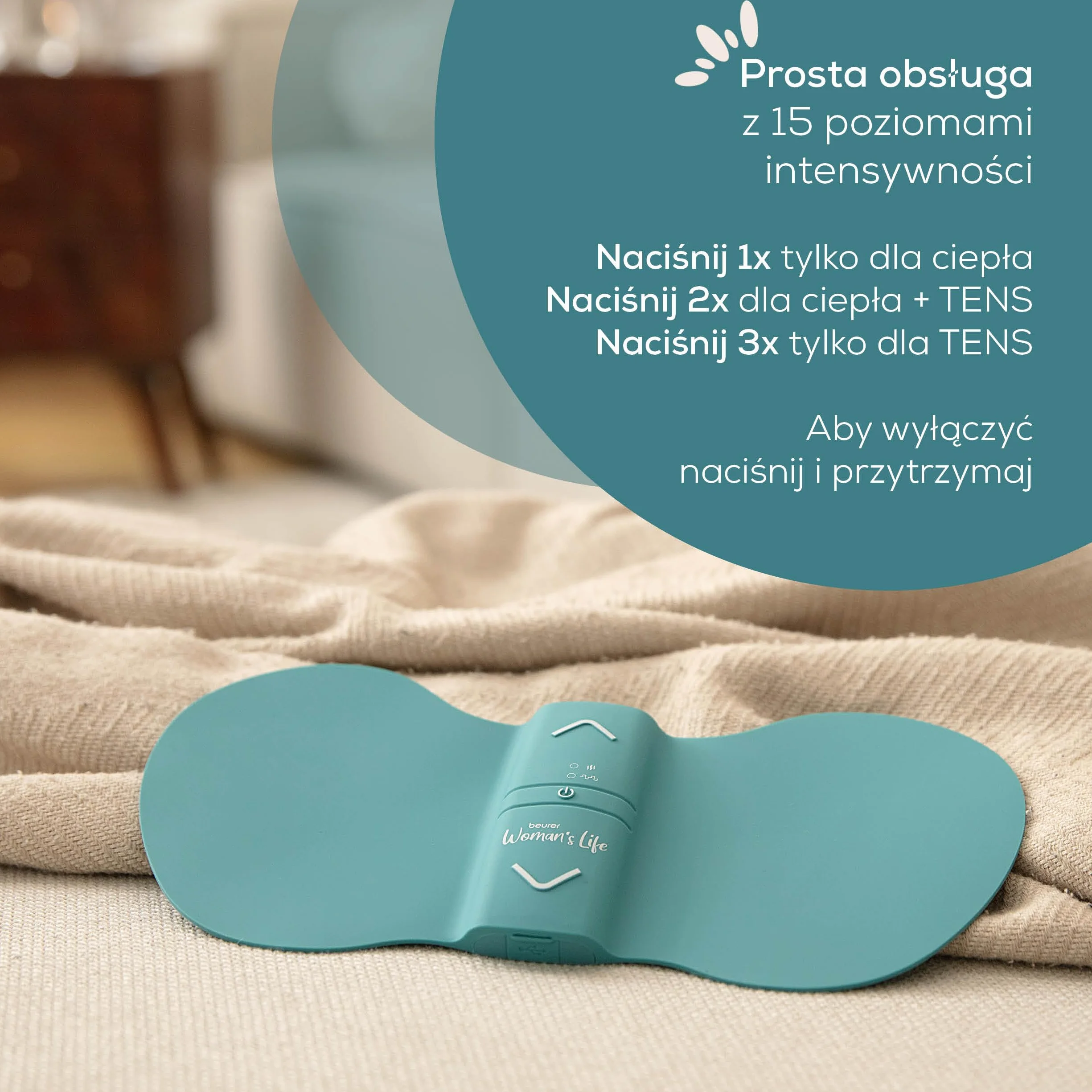 Beurer EM 55 Menstrual Relax+, przeciw bólowi menstruacyjnemu i bólowi spowodowanemu endometriozą, funkcja TENS i ciepła, z akumulatorem, większa powierzchnia grzewcza, turkusowy