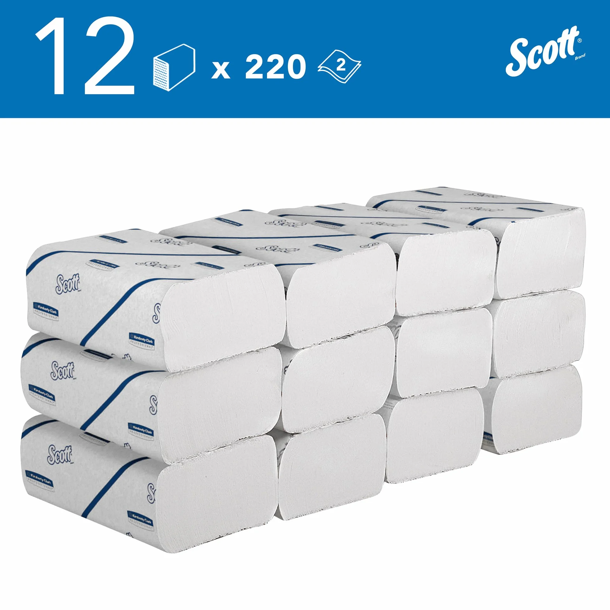 Scott Essential Ręczniki Papierowe Składane Wąskie 12 Pakietów x 220 (2640 Sztuk)