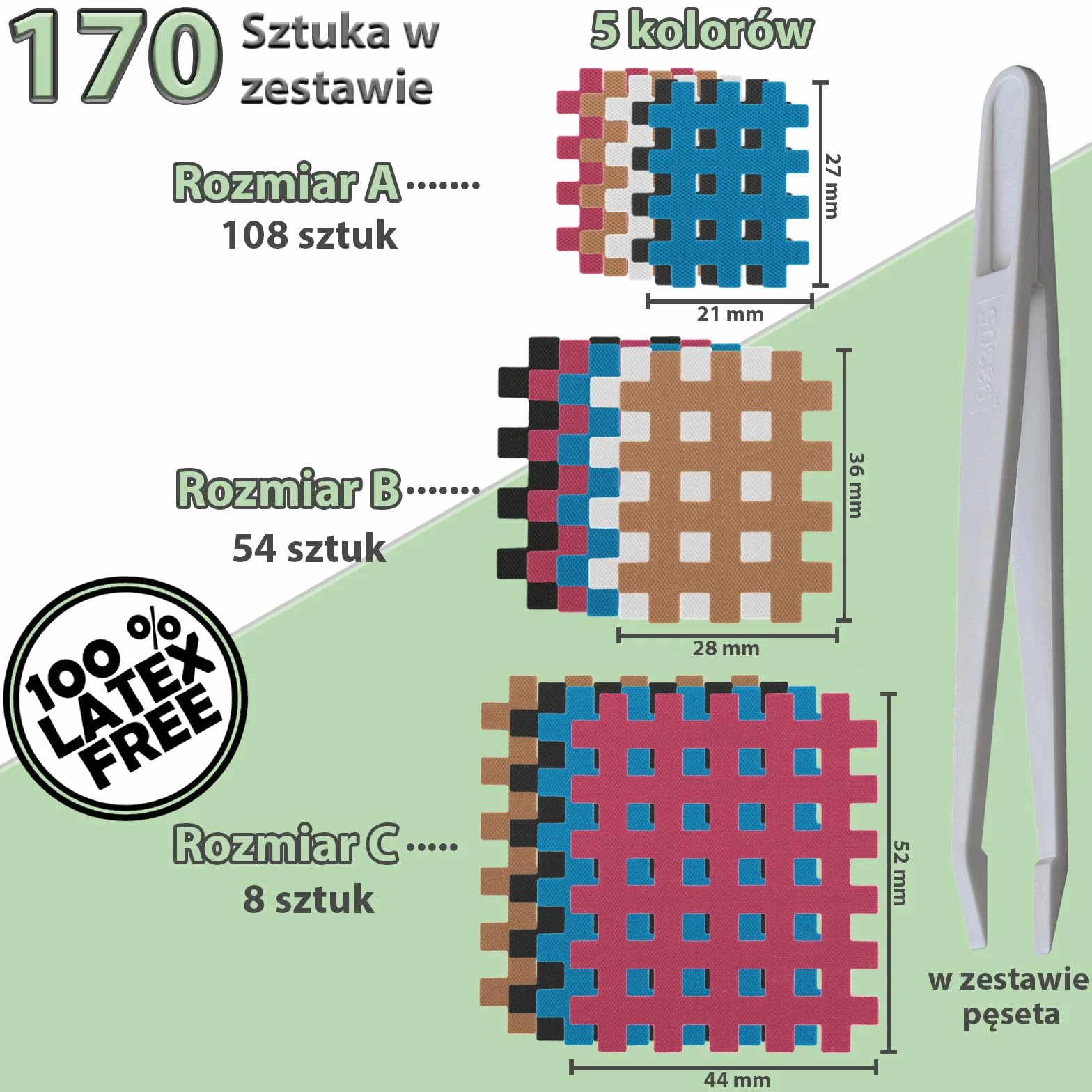 ALPIDEX Taśma Cross Tape 170 sztuk – rozmiar A.B i C – kolorowe – plastry z antystatyczną pęsetą