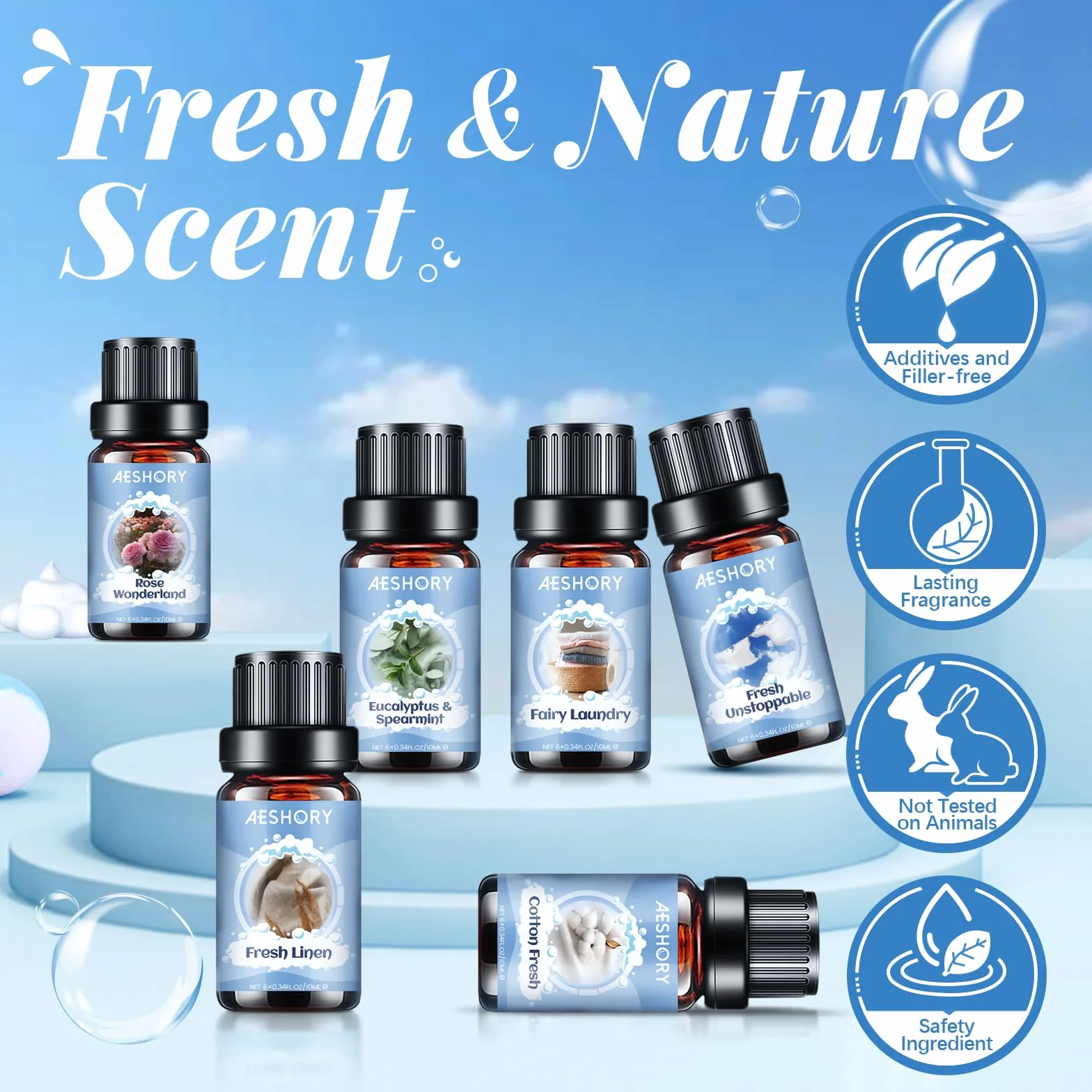 Zestaw Olejków Eterycznych Do Prania 6x10ml, Naturalny Olejek Zapachowy Do Dyfuzora, Czyszczenie – Niesamowicie Świeży, Len, Bawełna, Eukaliptus I Mięta, Pranie Jak Wróżka, Różany Cud